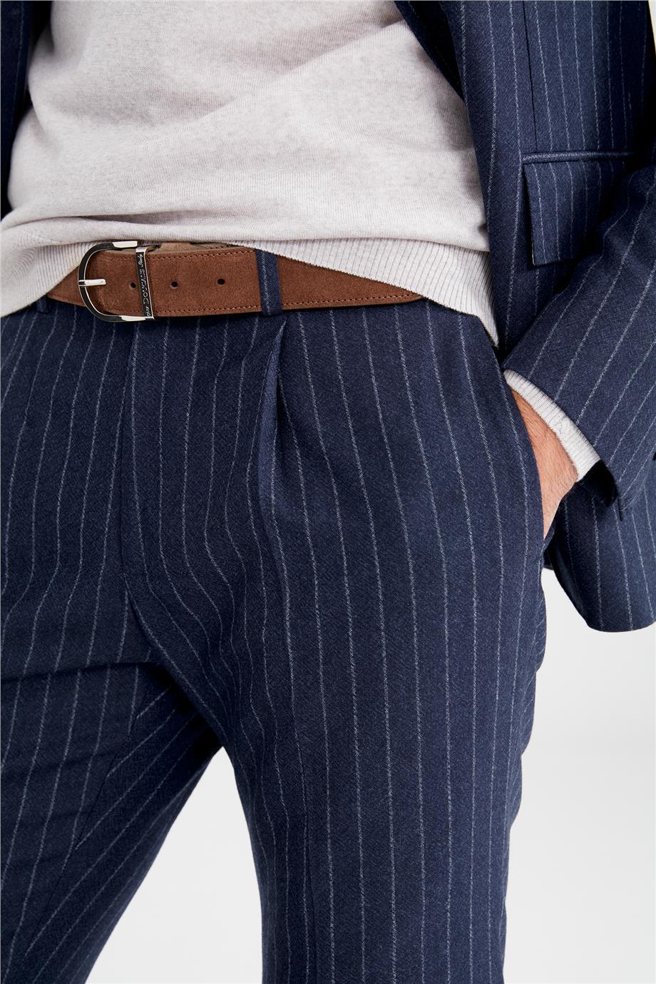 Lacivert Gri Çizgili Yün Takım Elbise