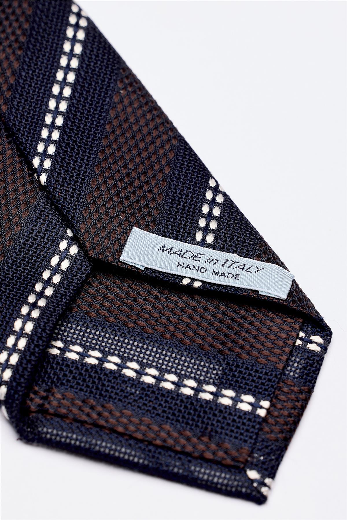 Lacivert Kahve Beyaz Çizgili 7 Fold Örgü İpek Kravat
