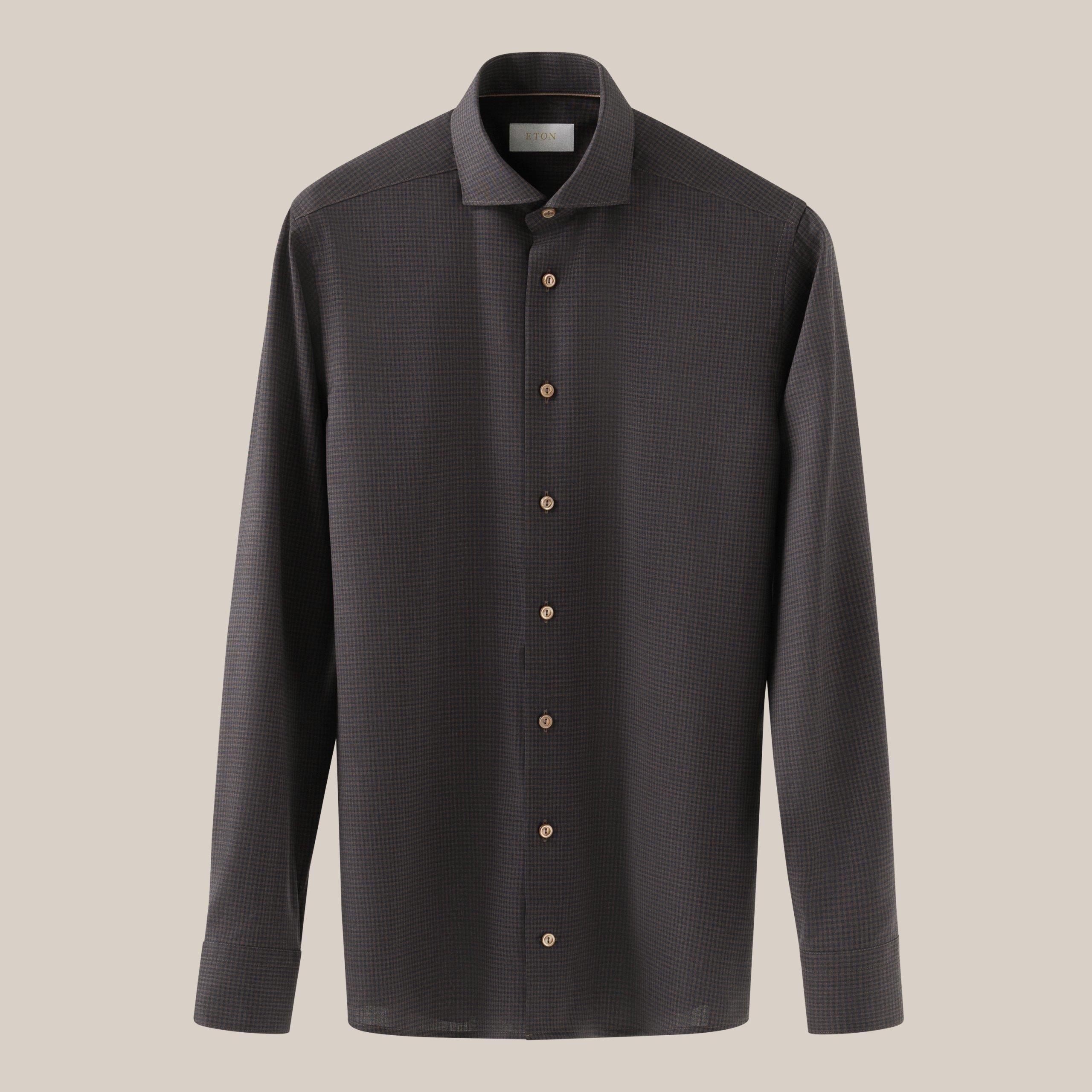 Lacivert Kahverengi Kareli Merino Yün Gömlek