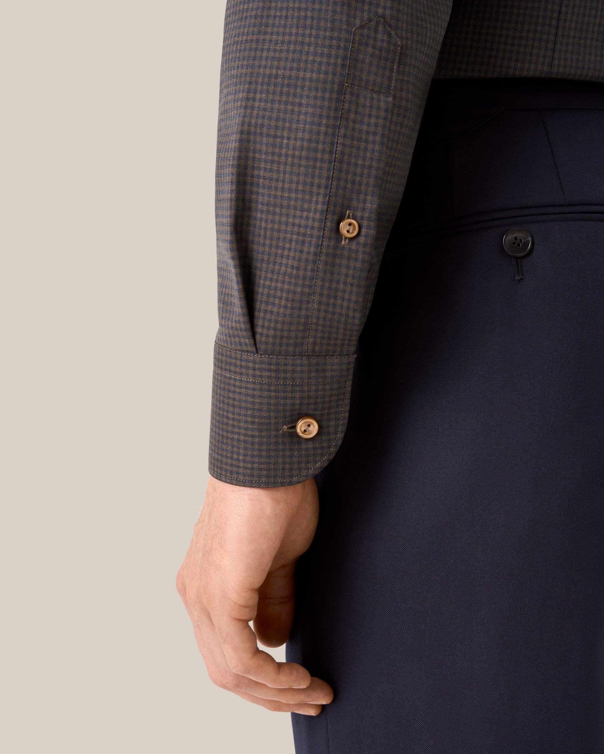 Lacivert Kahverengi Kareli Merino Yün Gömlek