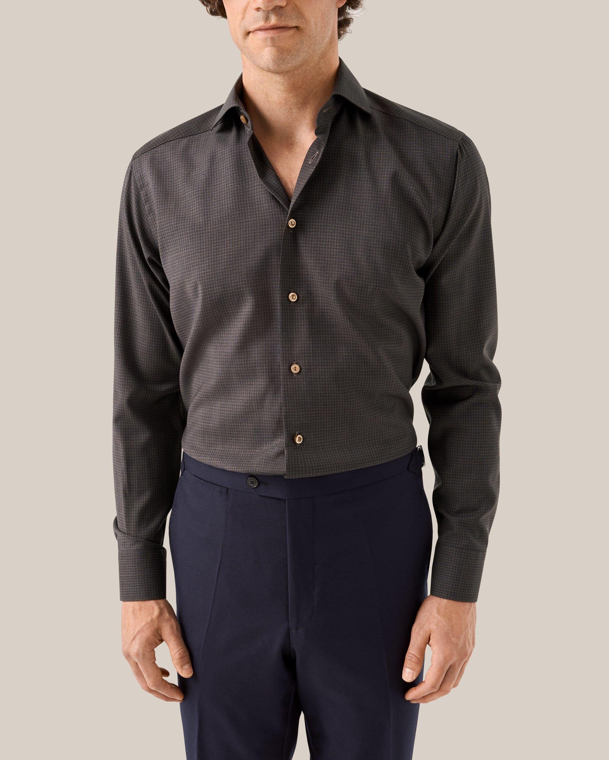 Lacivert Kahverengi Kareli Merino Yün Gömlek