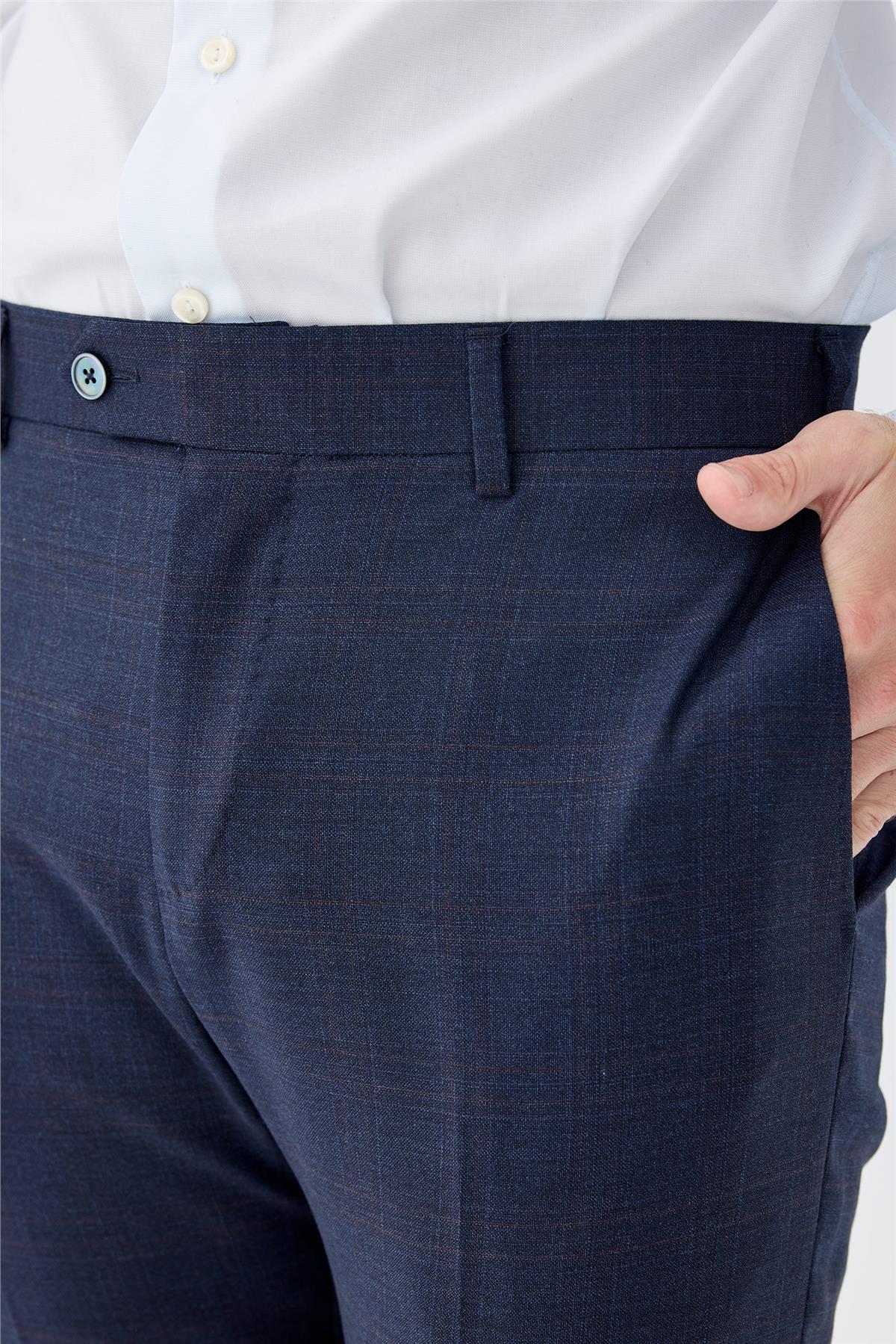 Lacivert Kahverengi Kareli Yün Takım Elbise