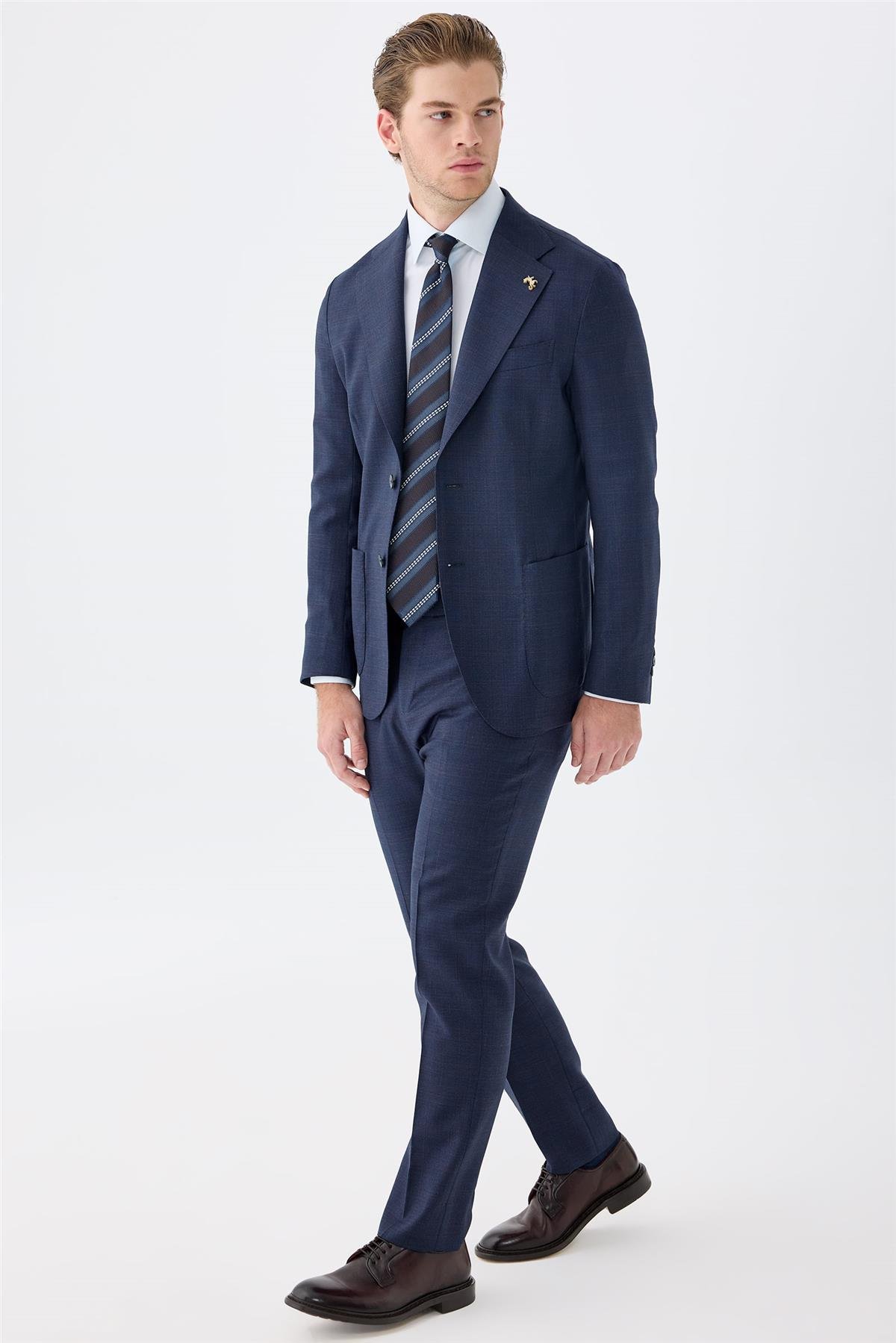 Lacivert Kahverengi Kareli Yün Takım Elbise