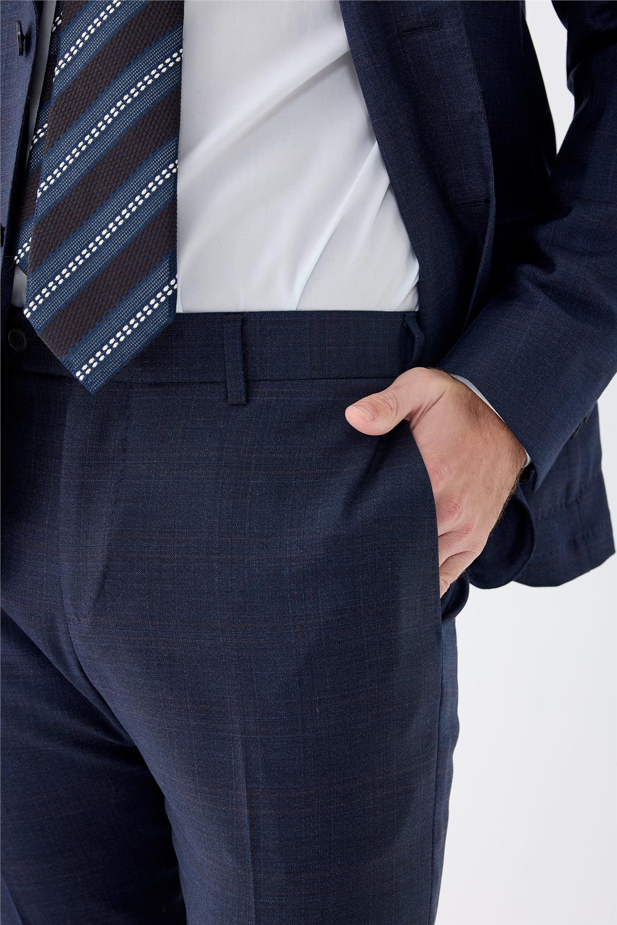 Lacivert Kahverengi Kareli Yün Takım Elbise