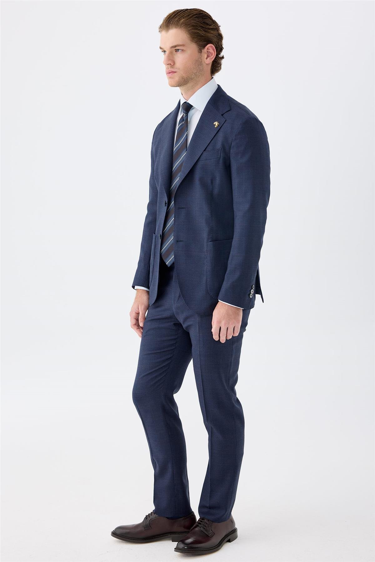 Lacivert Kahverengi Kareli Yün Takım Elbise