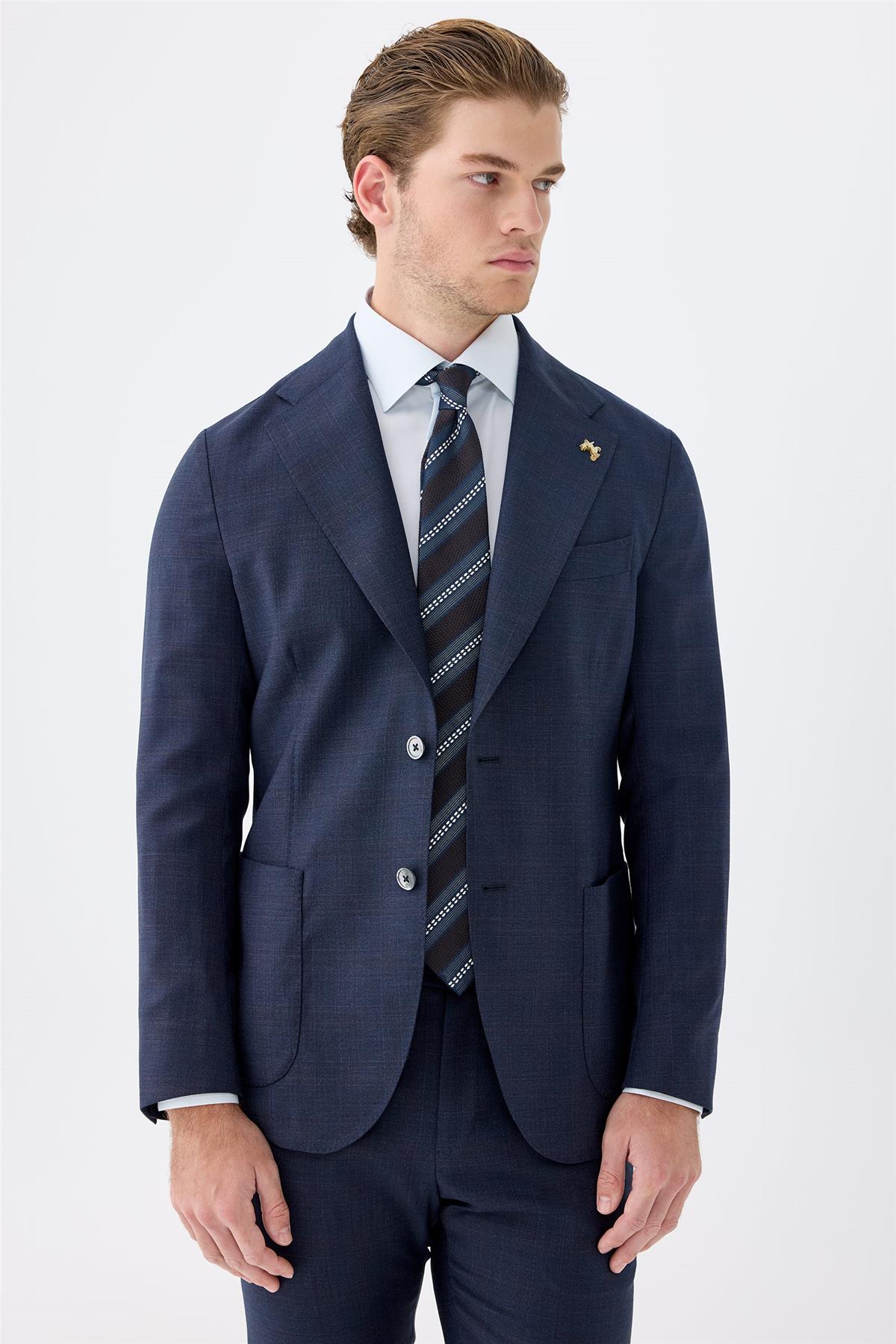 Lacivert Kahverengi Kareli Yün Takım Elbise