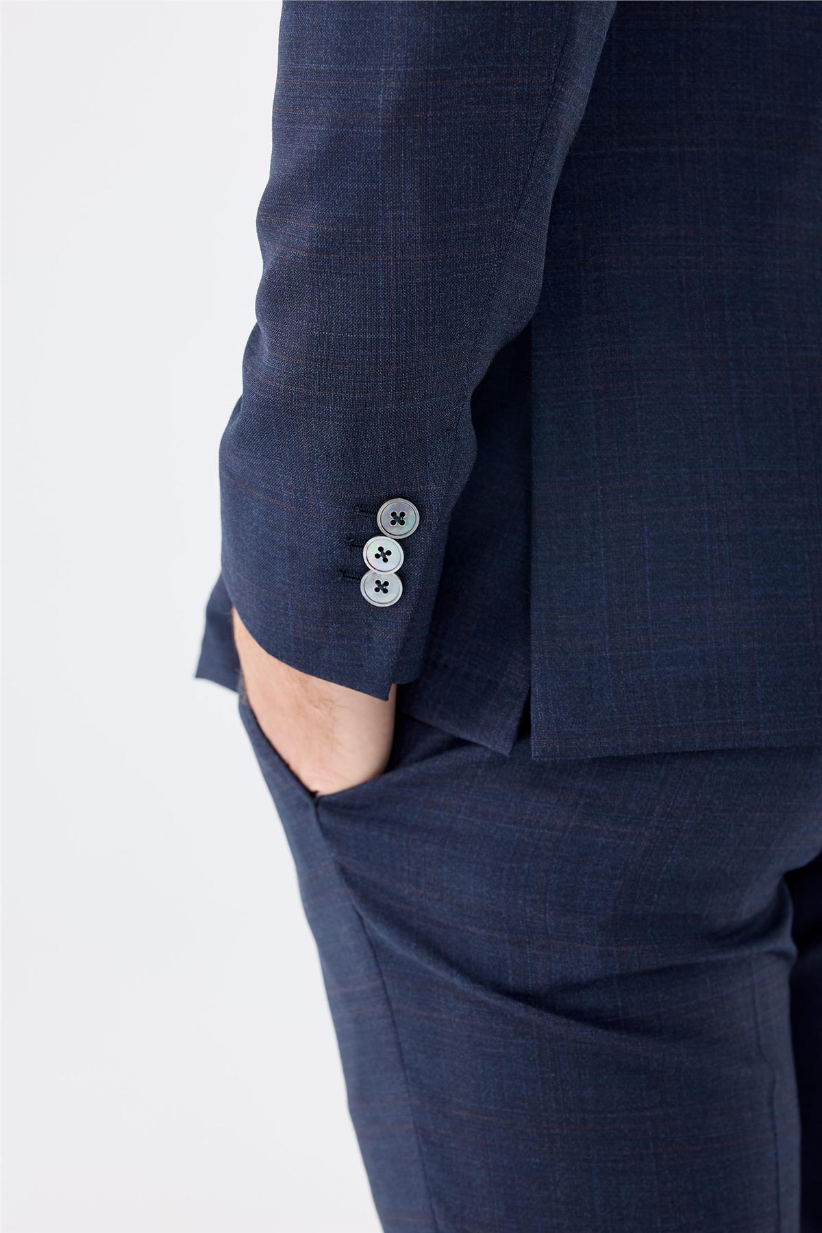 Lacivert Kahverengi Kareli Yün Takım Elbise