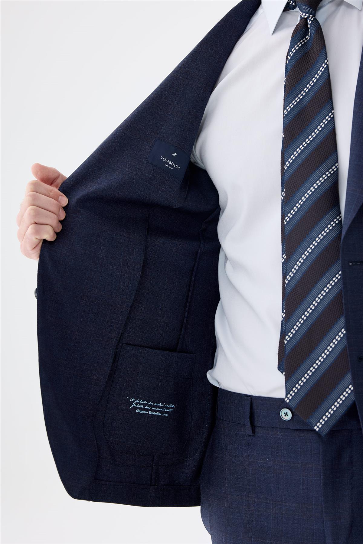 Lacivert Kahverengi Kareli Yün Takım Elbise