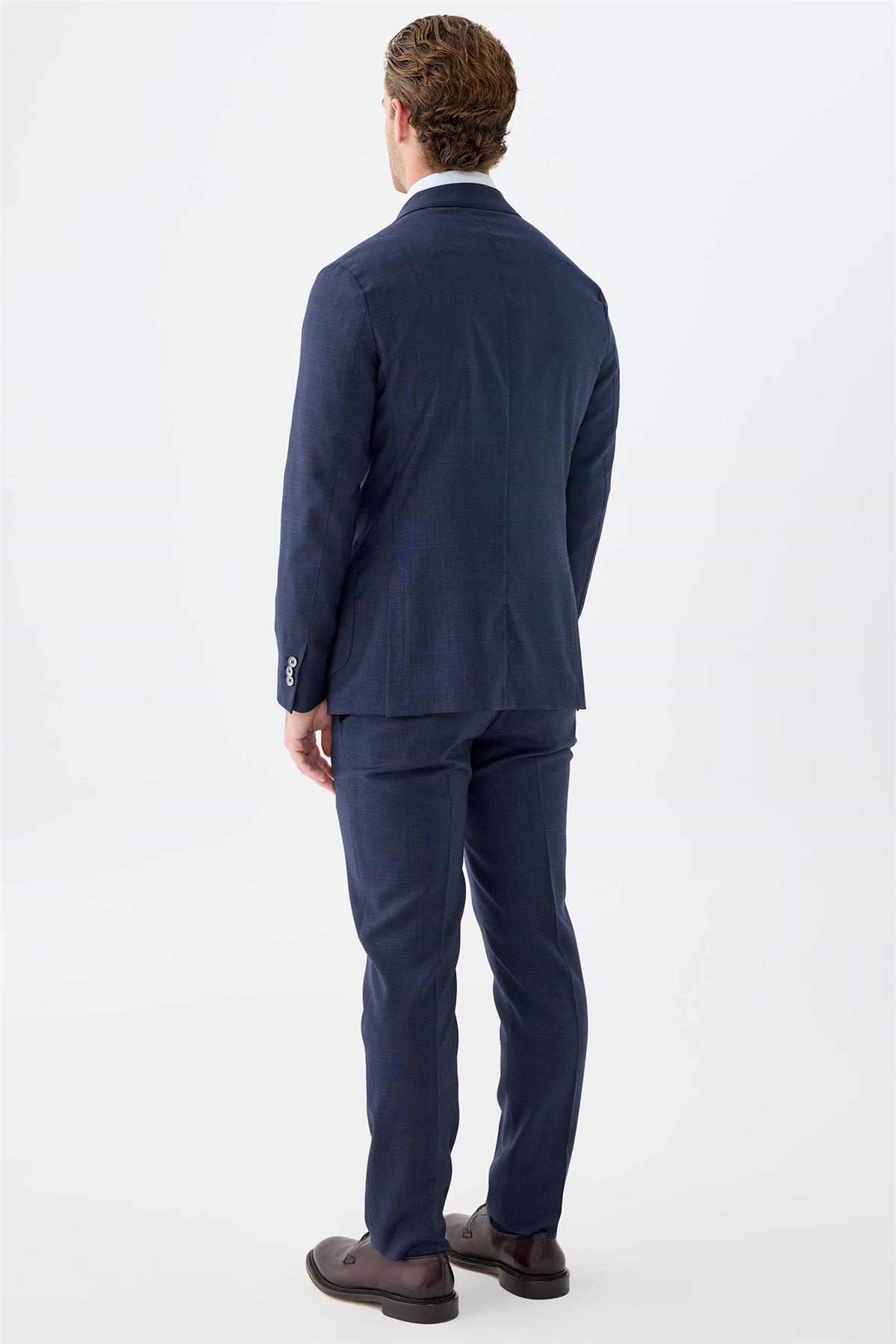 Lacivert Kahverengi Kareli Yün Takım Elbise