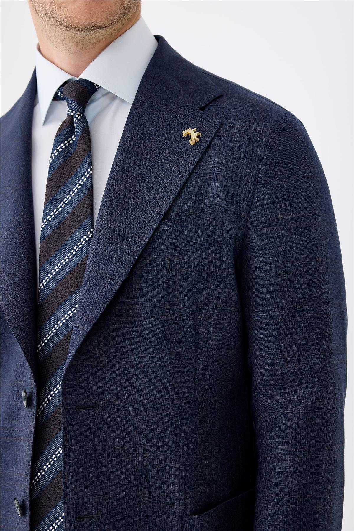 Lacivert Kahverengi Kareli Yün Takım Elbise