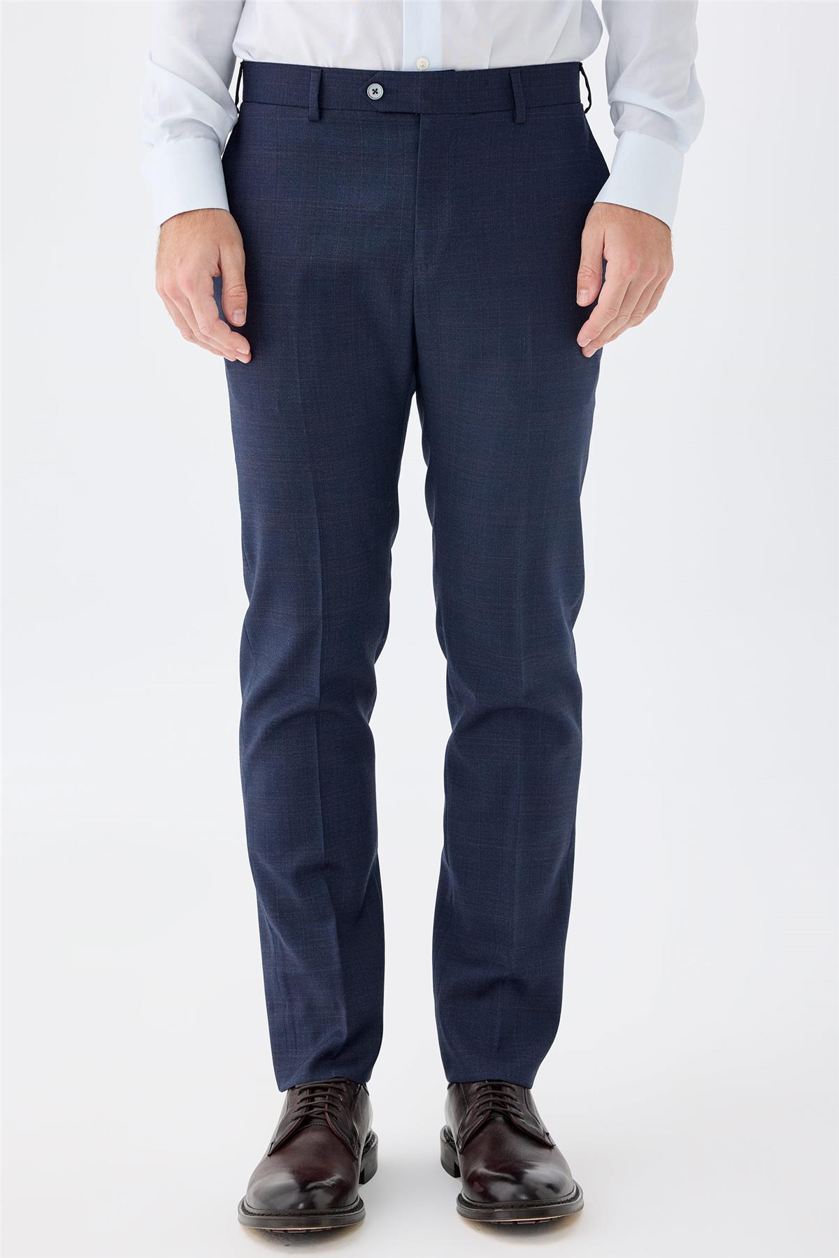 Lacivert Kahverengi Kareli Yün Takım Elbise