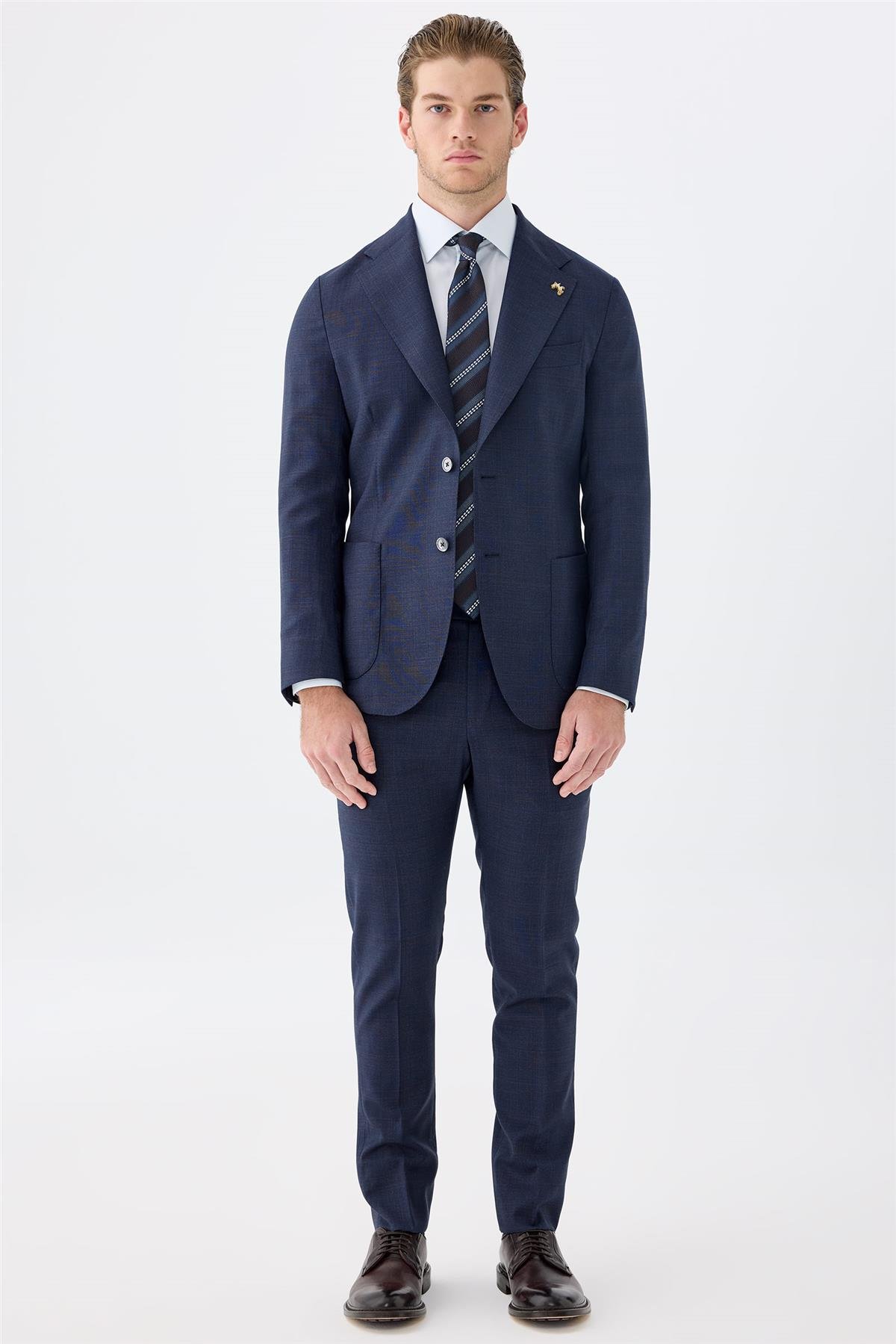 Lacivert Kahverengi Kareli Yün Takım Elbise