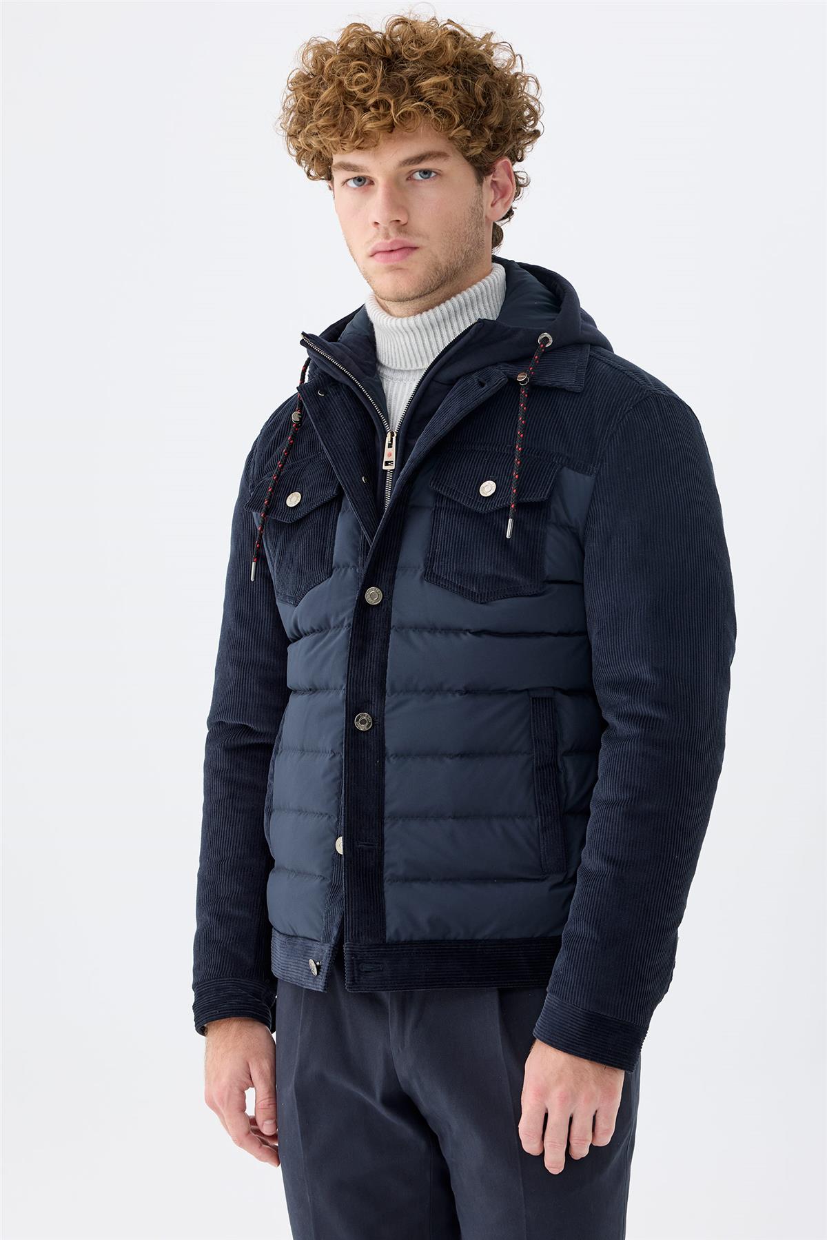 Lacivert Kapüşonlu Pamuk Spor Mont 