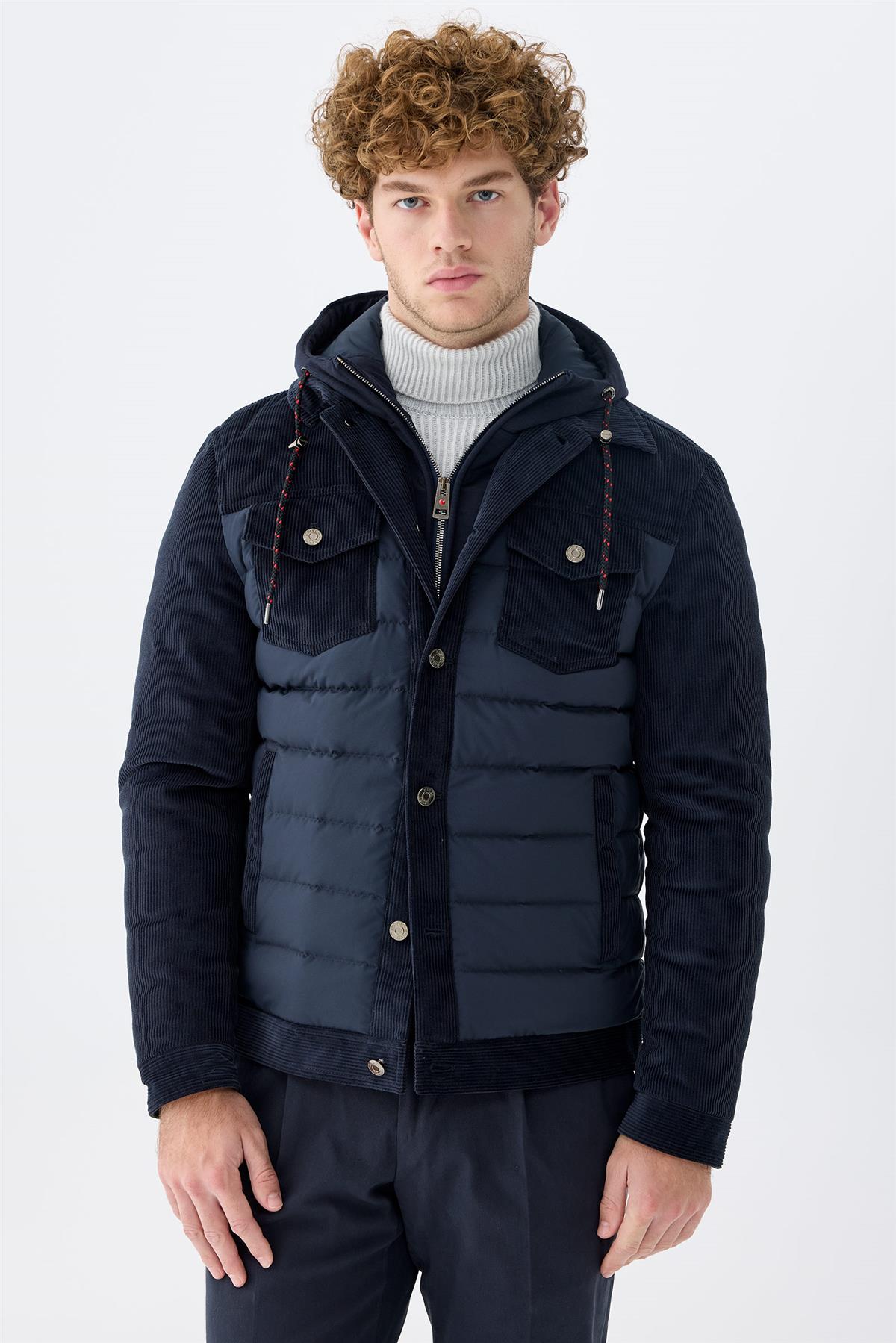 Lacivert Kapüşonlu Pamuk Spor Mont 