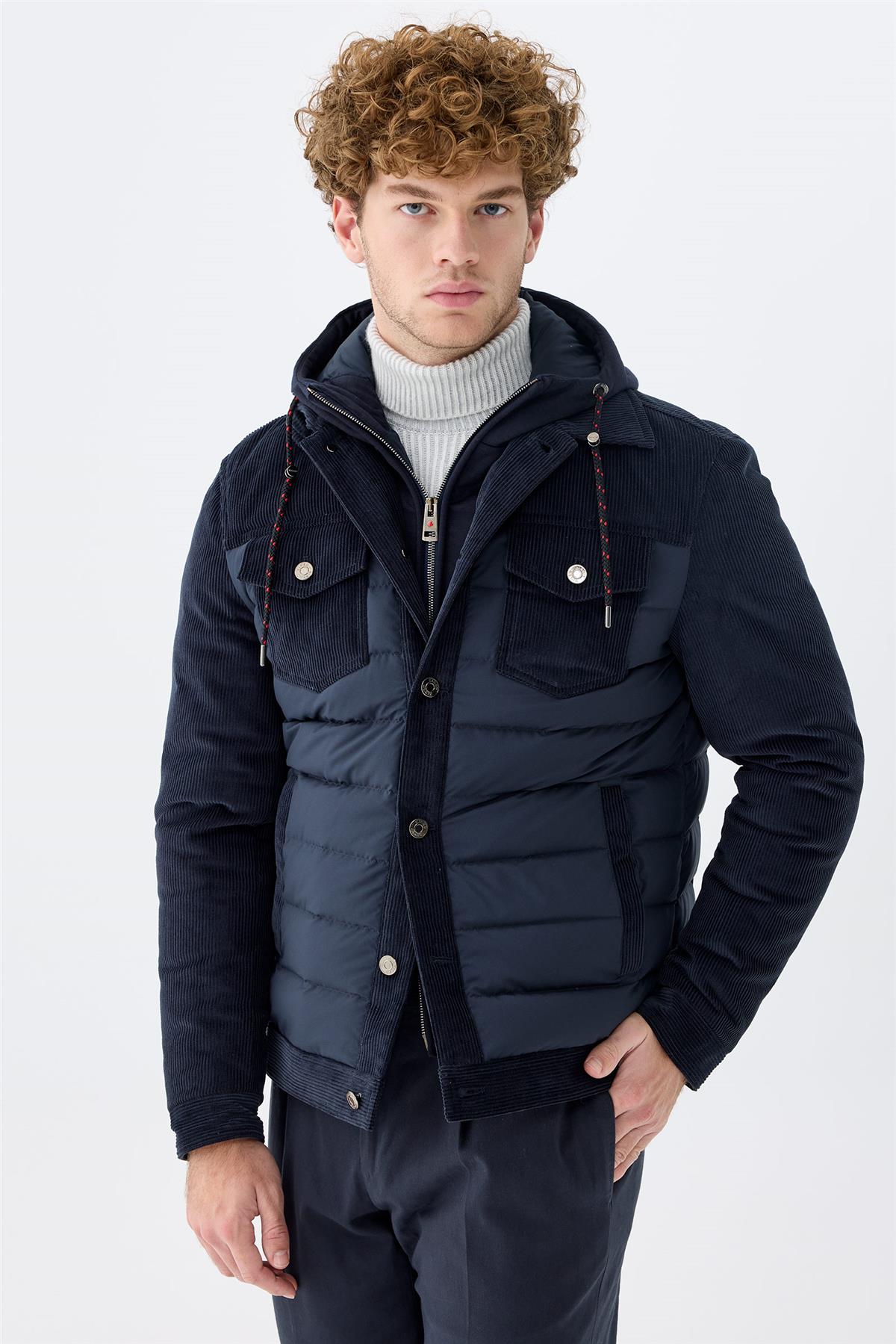 Lacivert Kapüşonlu Pamuk Spor Mont 