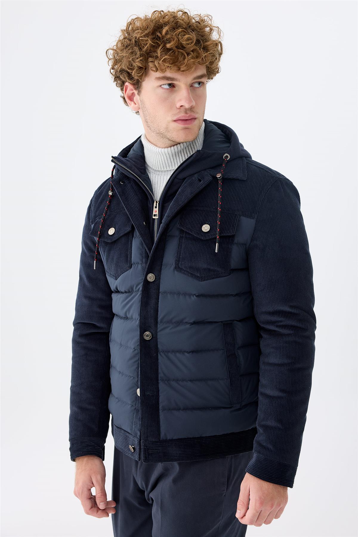 Lacivert Kapüşonlu Pamuk Spor Mont 