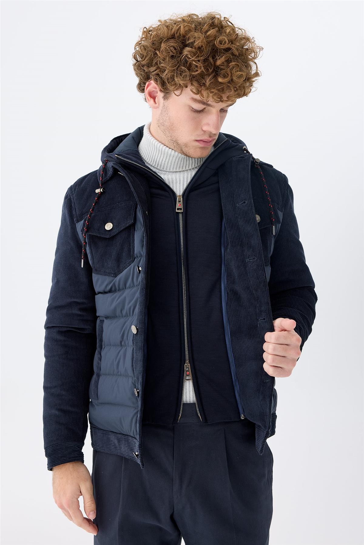 Lacivert Kapüşonlu Pamuk Spor Mont 