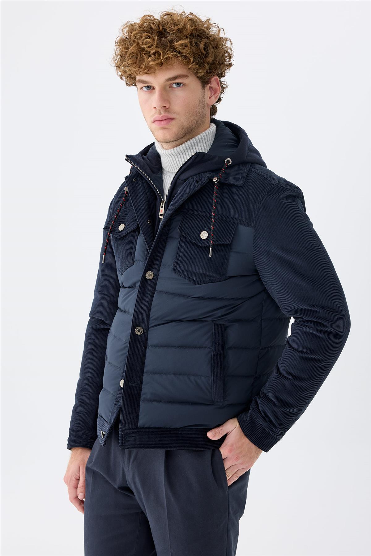 Lacivert Kapüşonlu Pamuk Spor Mont 