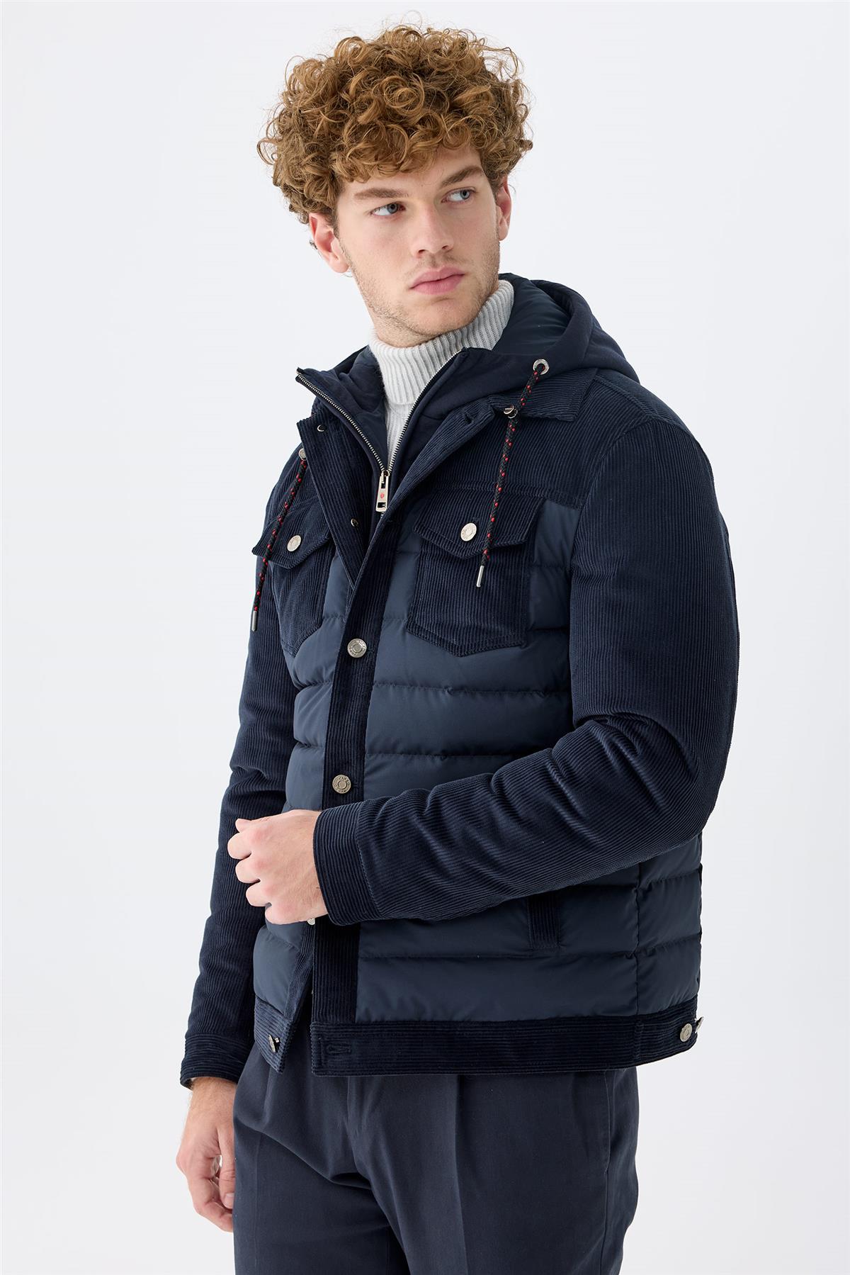 Lacivert Kapüşonlu Pamuk Spor Mont 