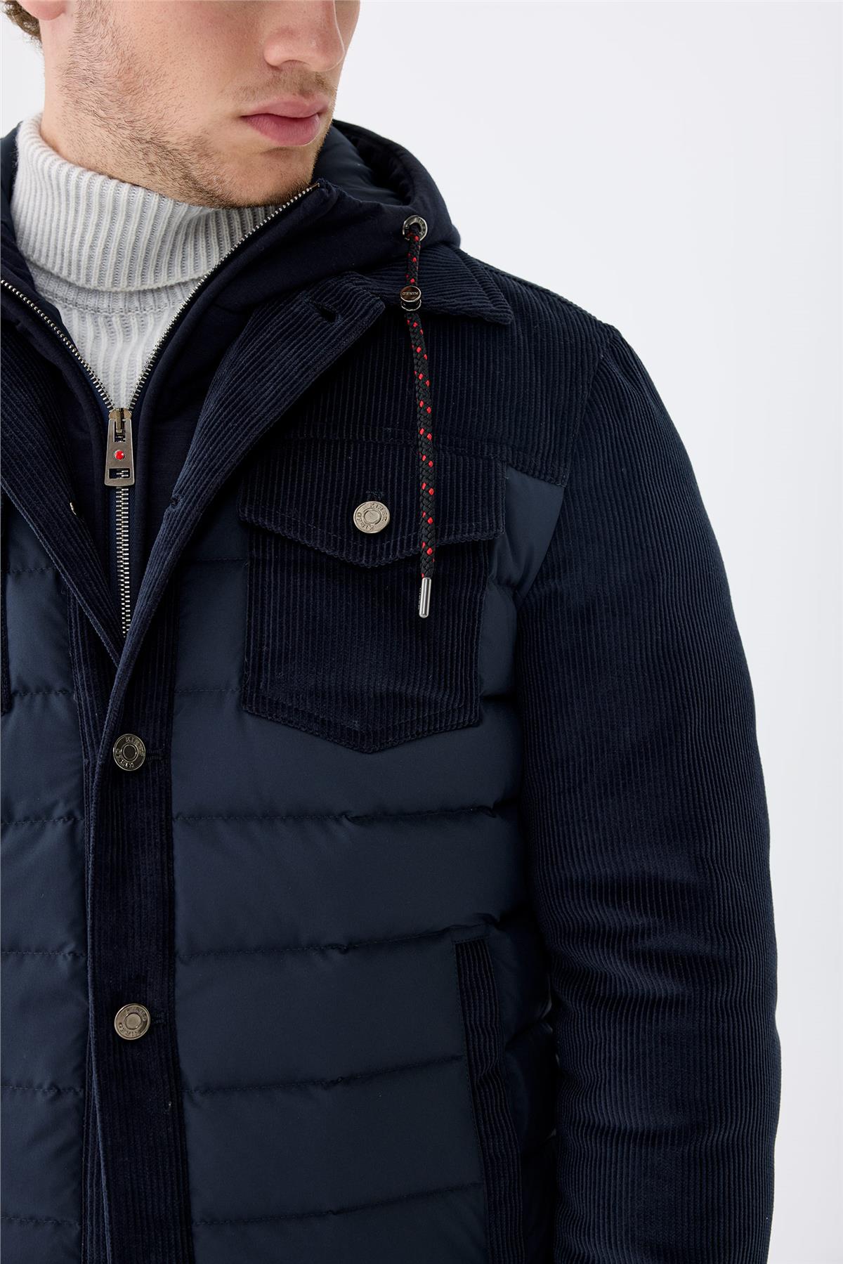 Lacivert Kapüşonlu Pamuk Spor Mont 