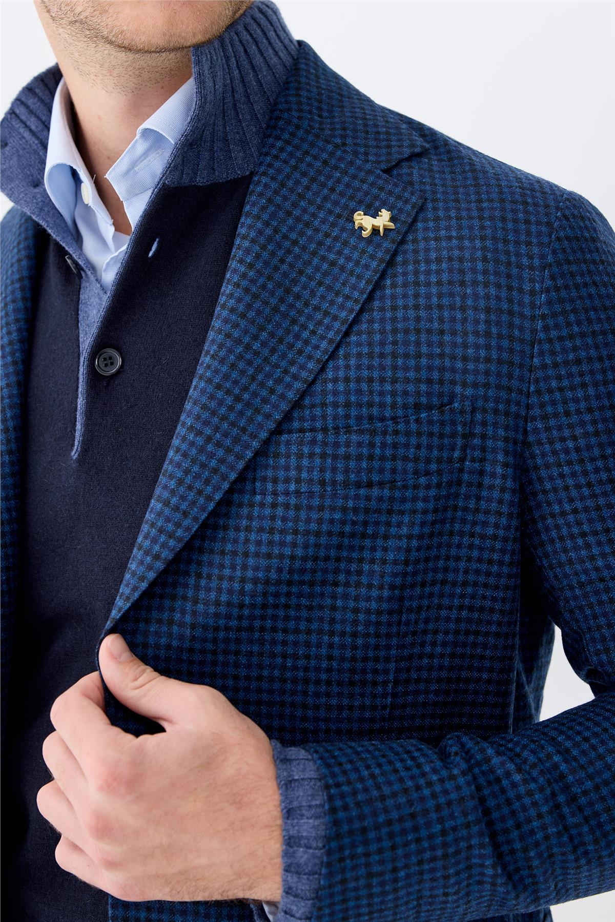 Lacivert Kareli Yün Ceket