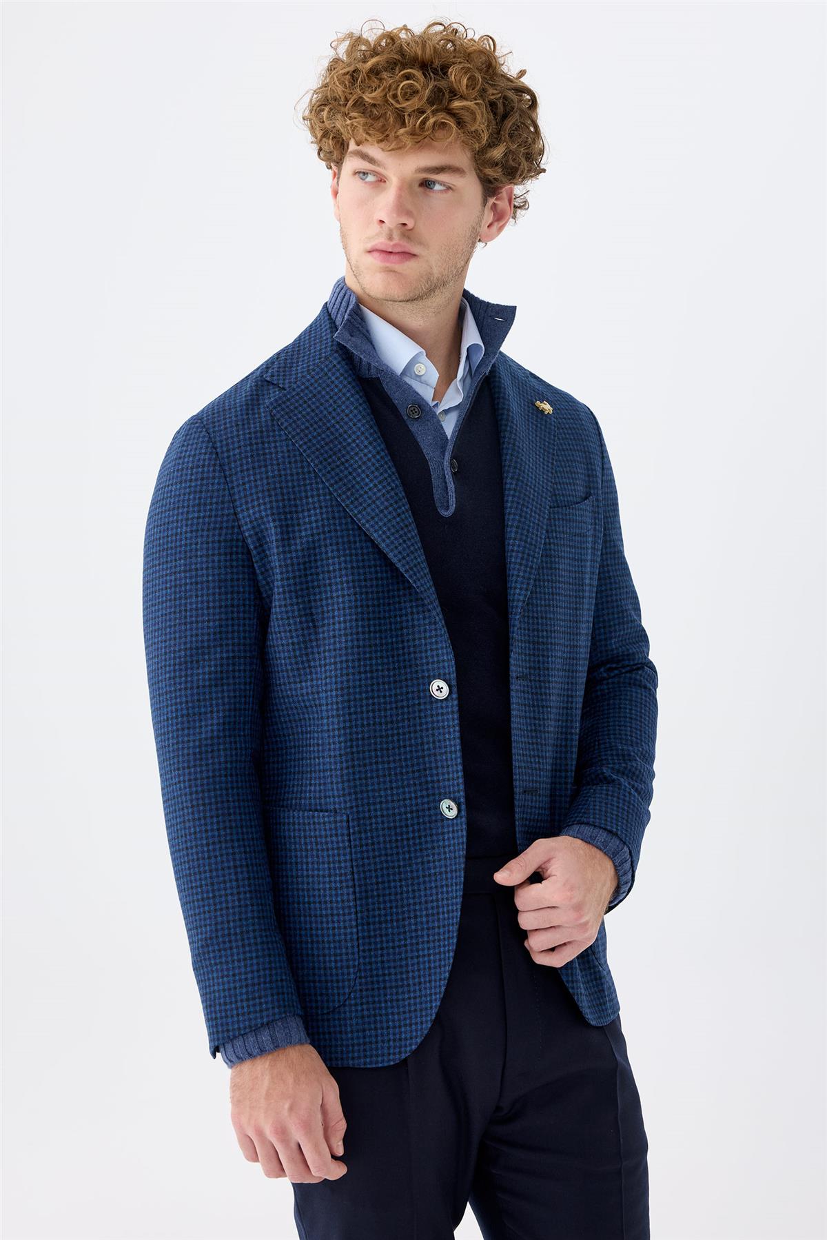 Lacivert Kareli Yün Ceket