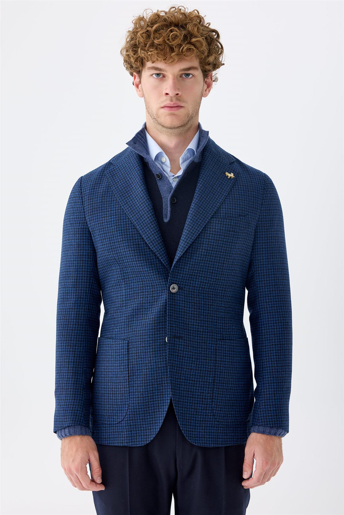 Lacivert Kareli Yün Ceket