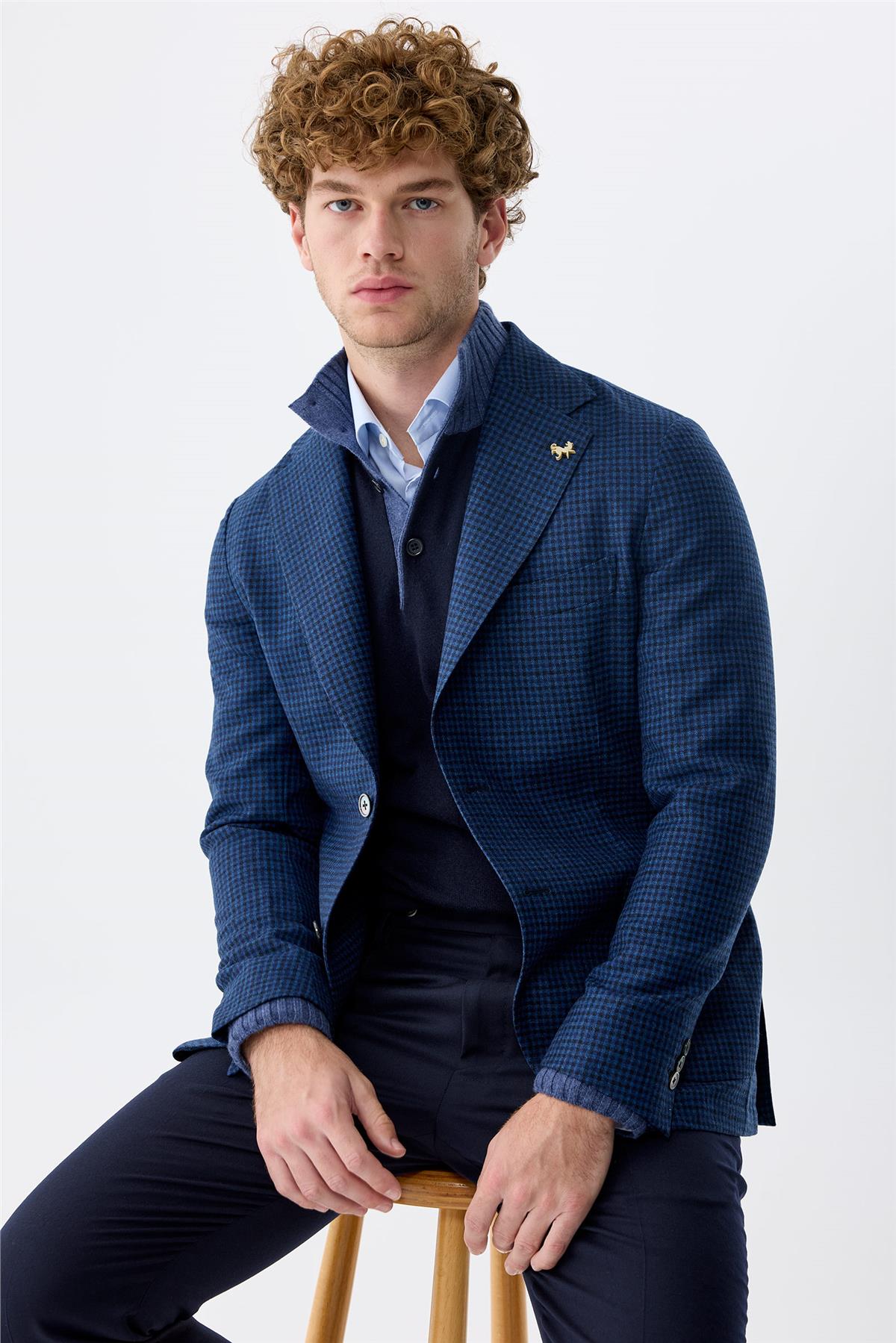 Lacivert Kareli Yün Ceket