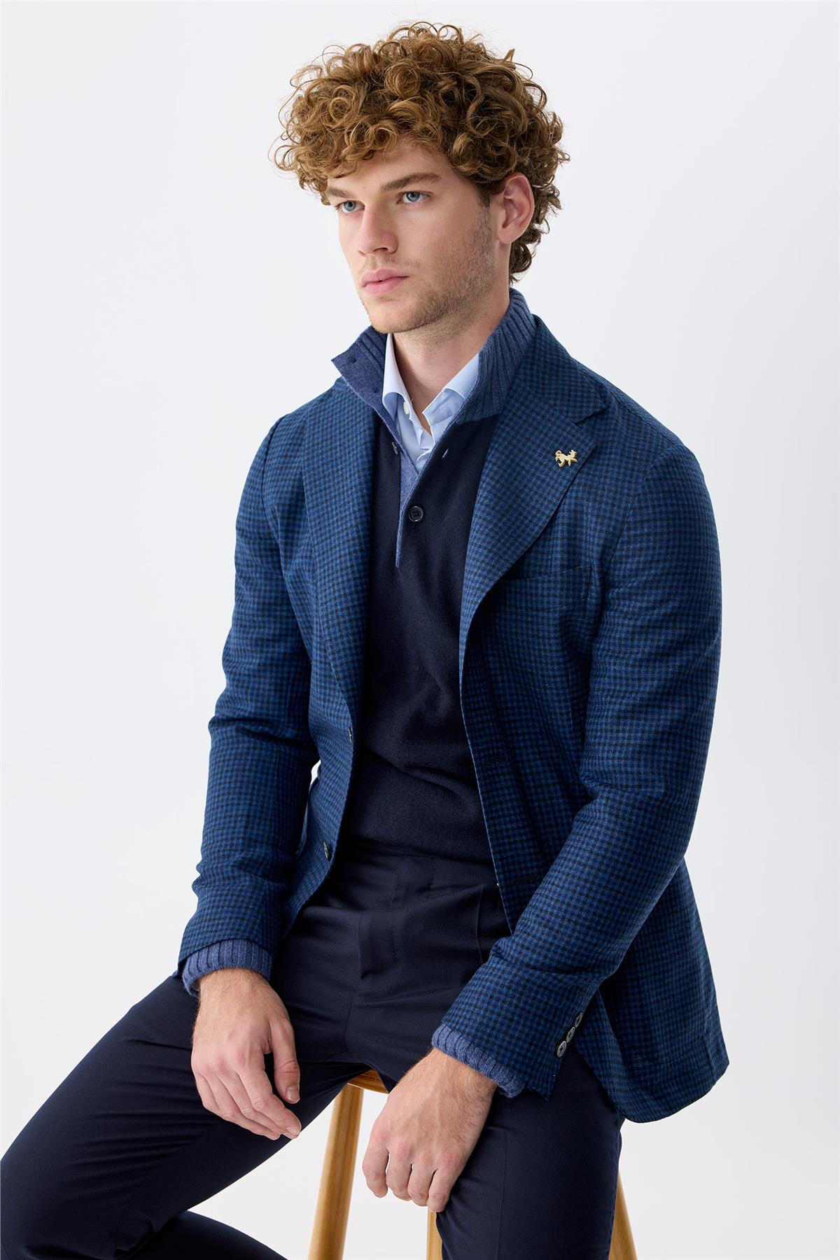 Lacivert Kareli Yün Ceket