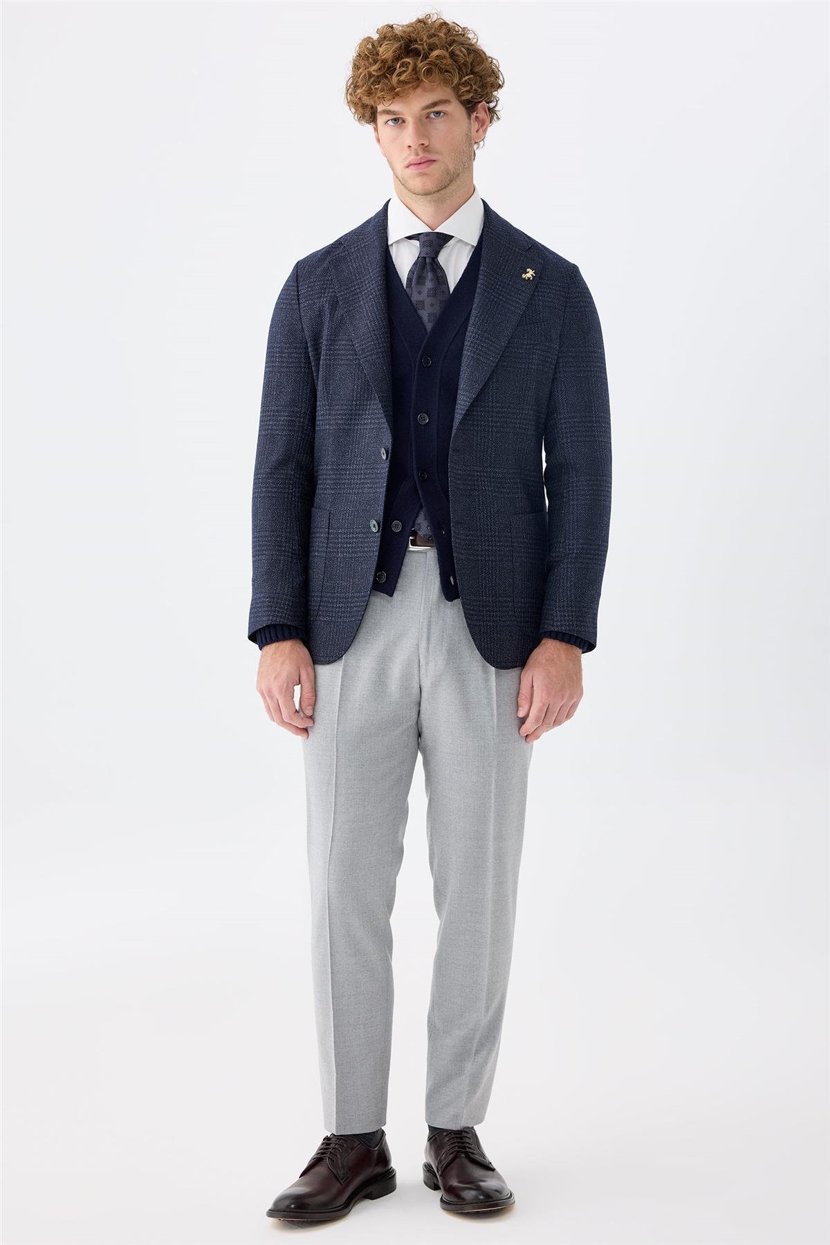 Lacivert Kareli Yün İpek Ceket