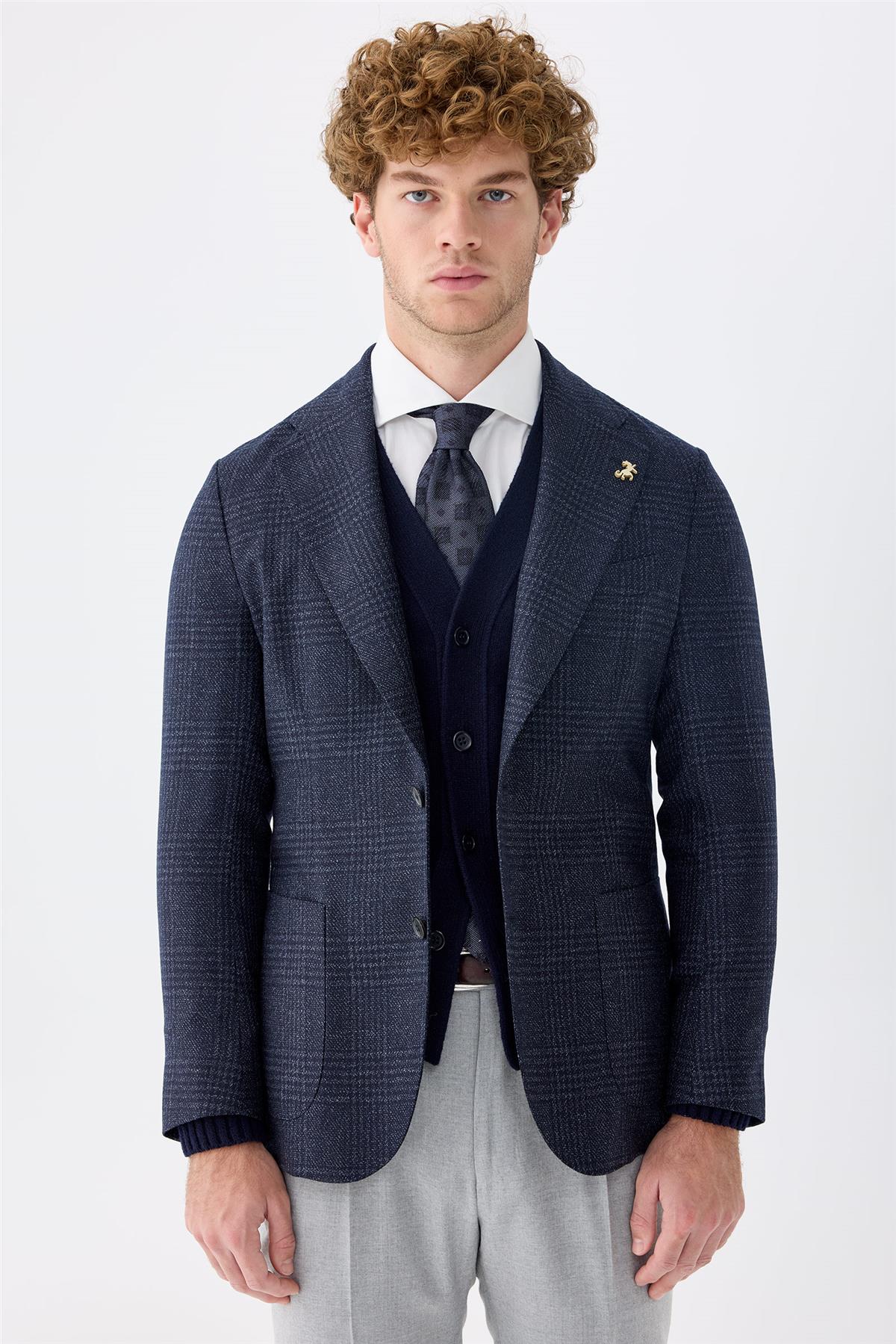 Lacivert Kareli Yün İpek Ceket