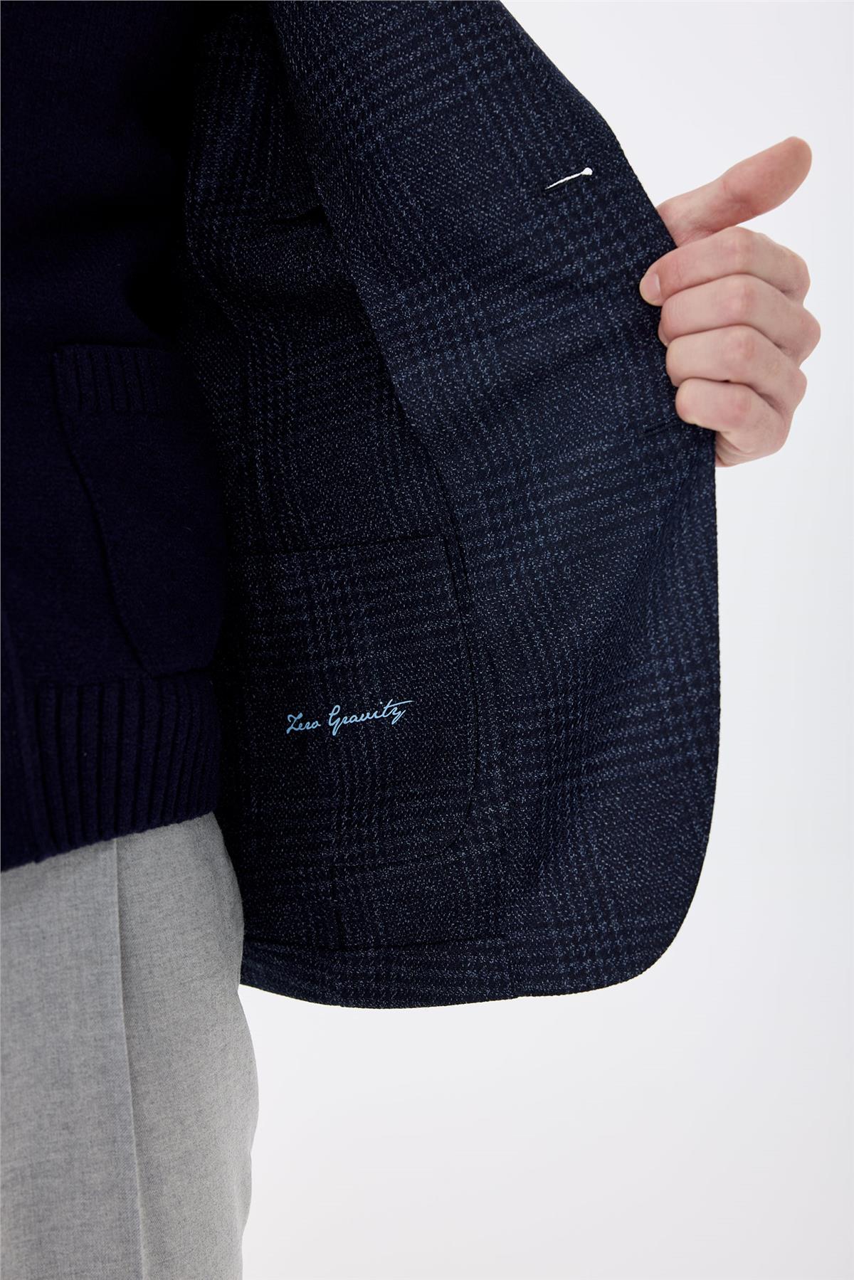 Lacivert Kareli Yün İpek Ceket