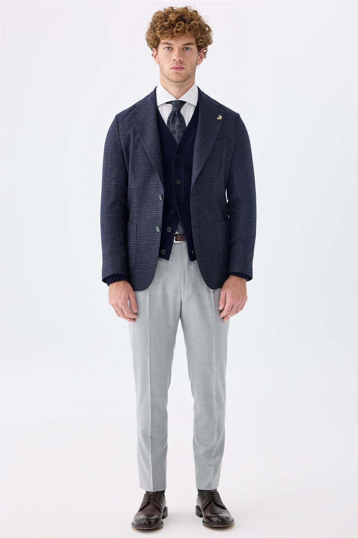 Lacivert Kareli Yün İpek Ceket