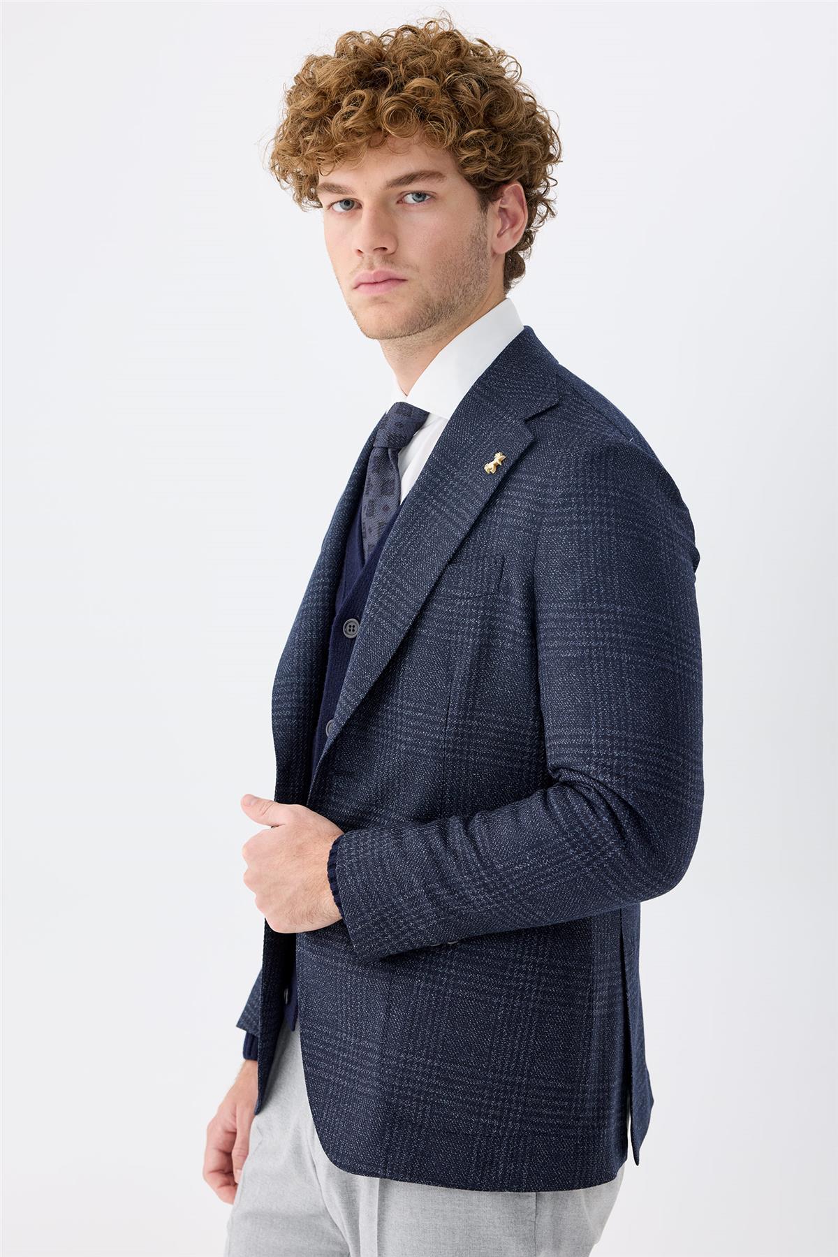 Lacivert Kareli Yün İpek Ceket