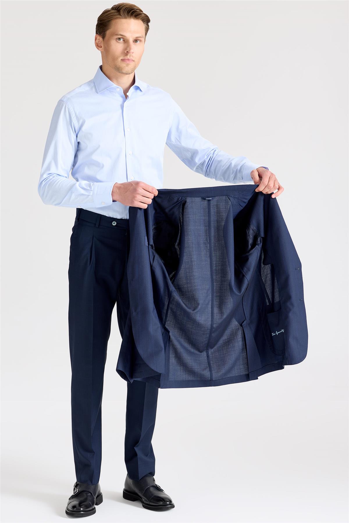 Lacivert Kareli Yün Takım Elbise