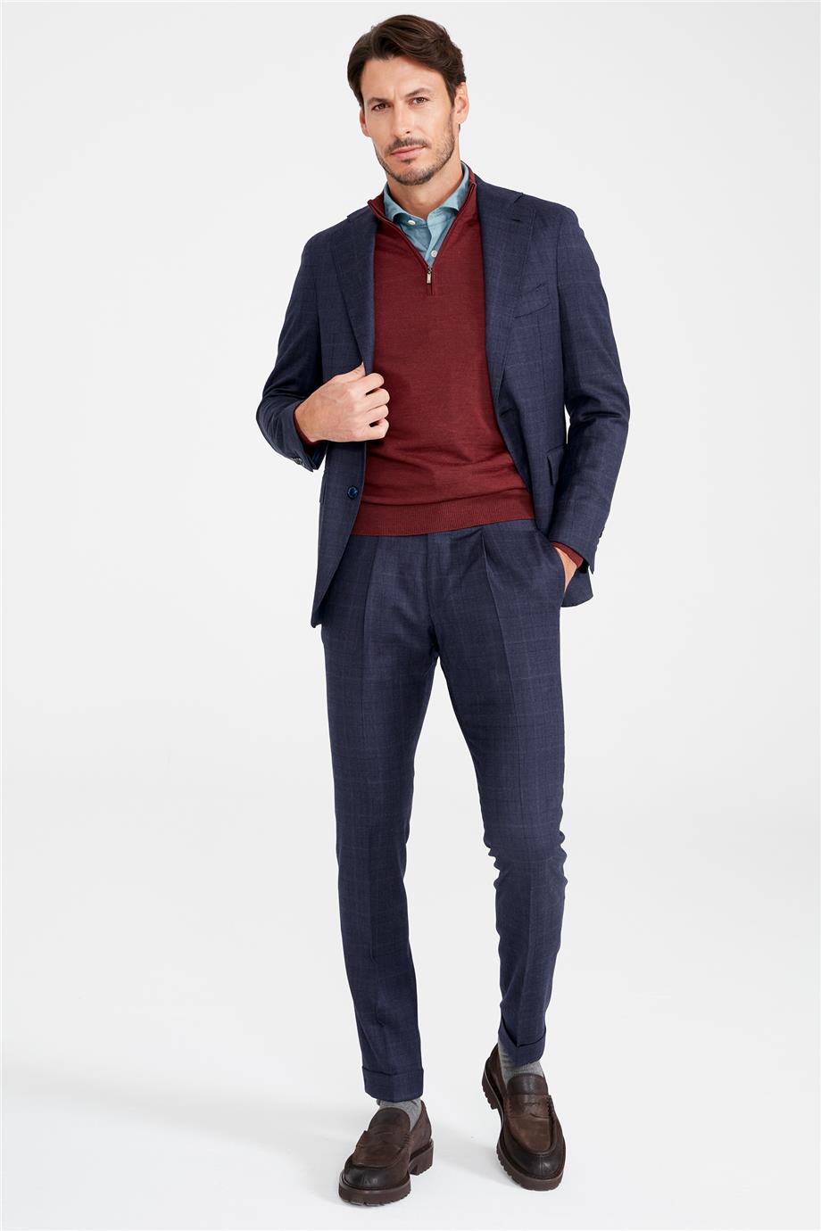 Lacivert Kareli Yün Takım Elbise