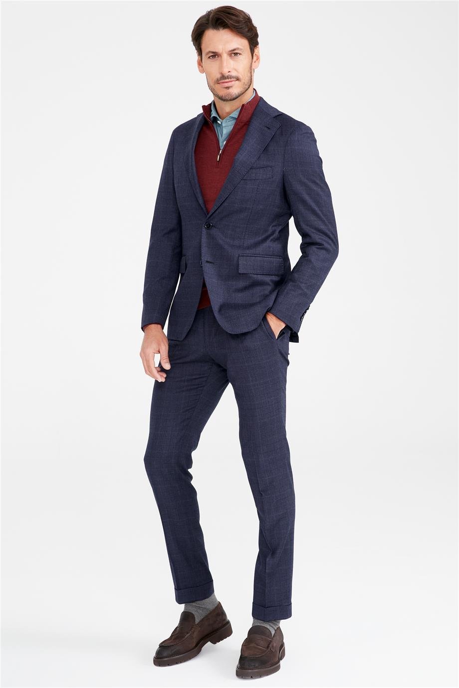 Lacivert Kareli Yün Takım Elbise