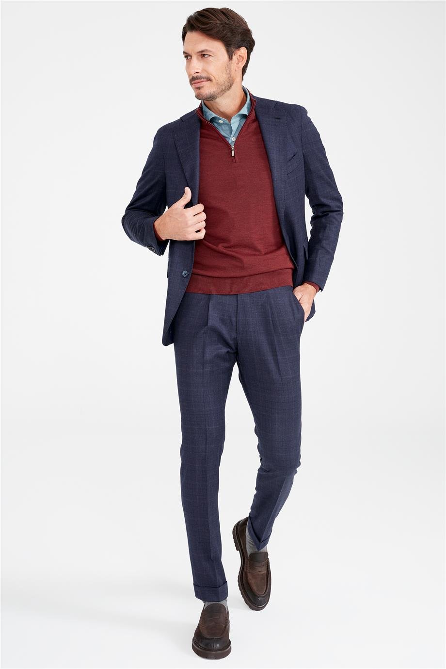 Lacivert Kareli Yün Takım Elbise