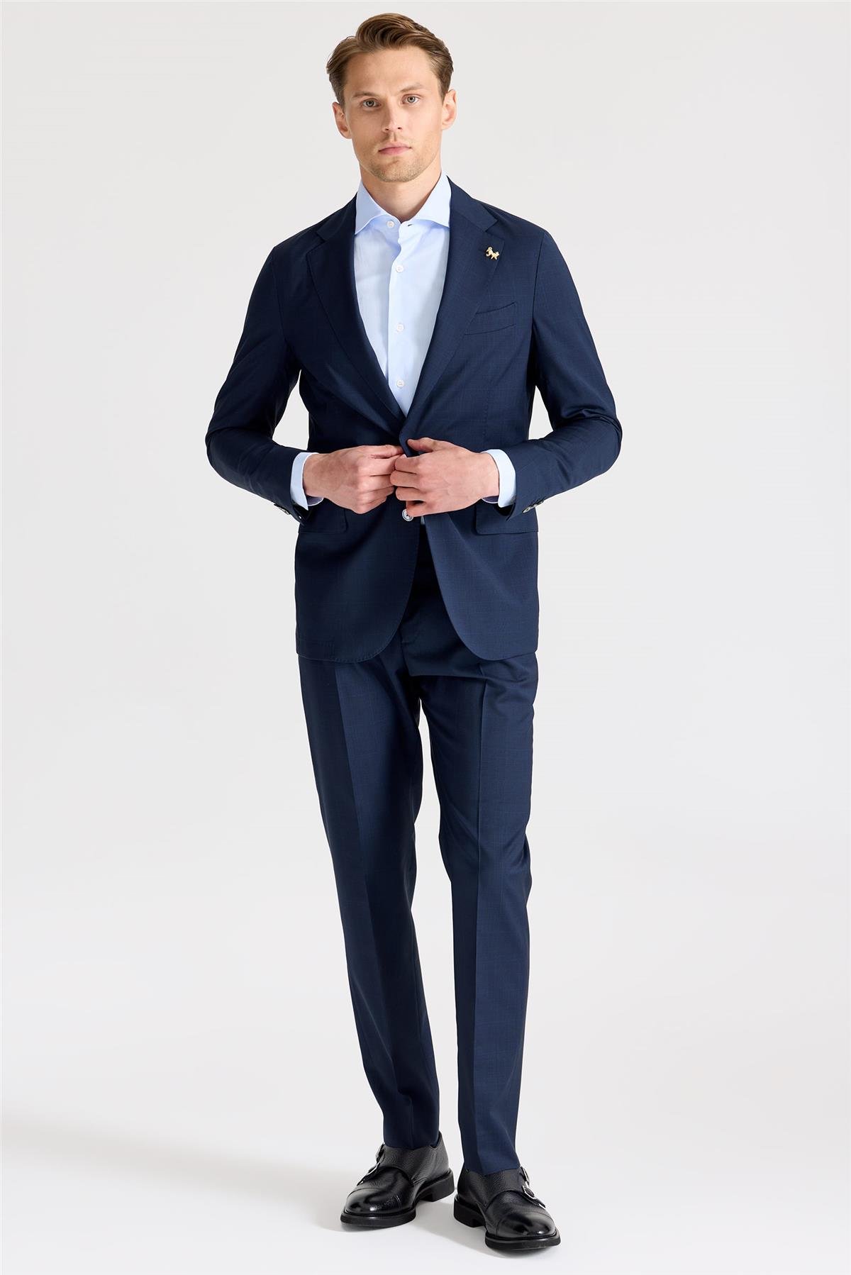 Lacivert Kareli Yün Takım Elbise