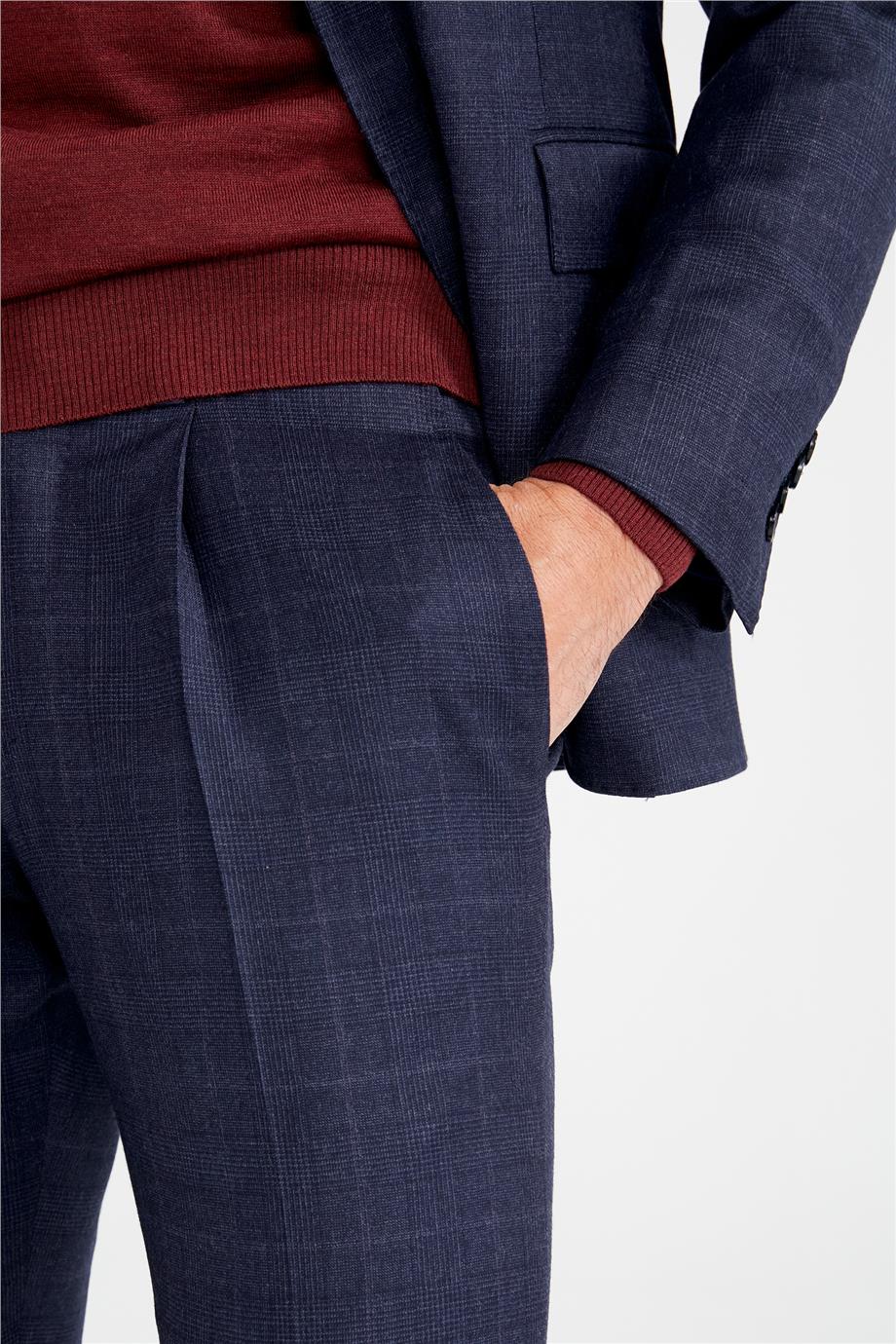 Lacivert Kareli Yün Takım Elbise