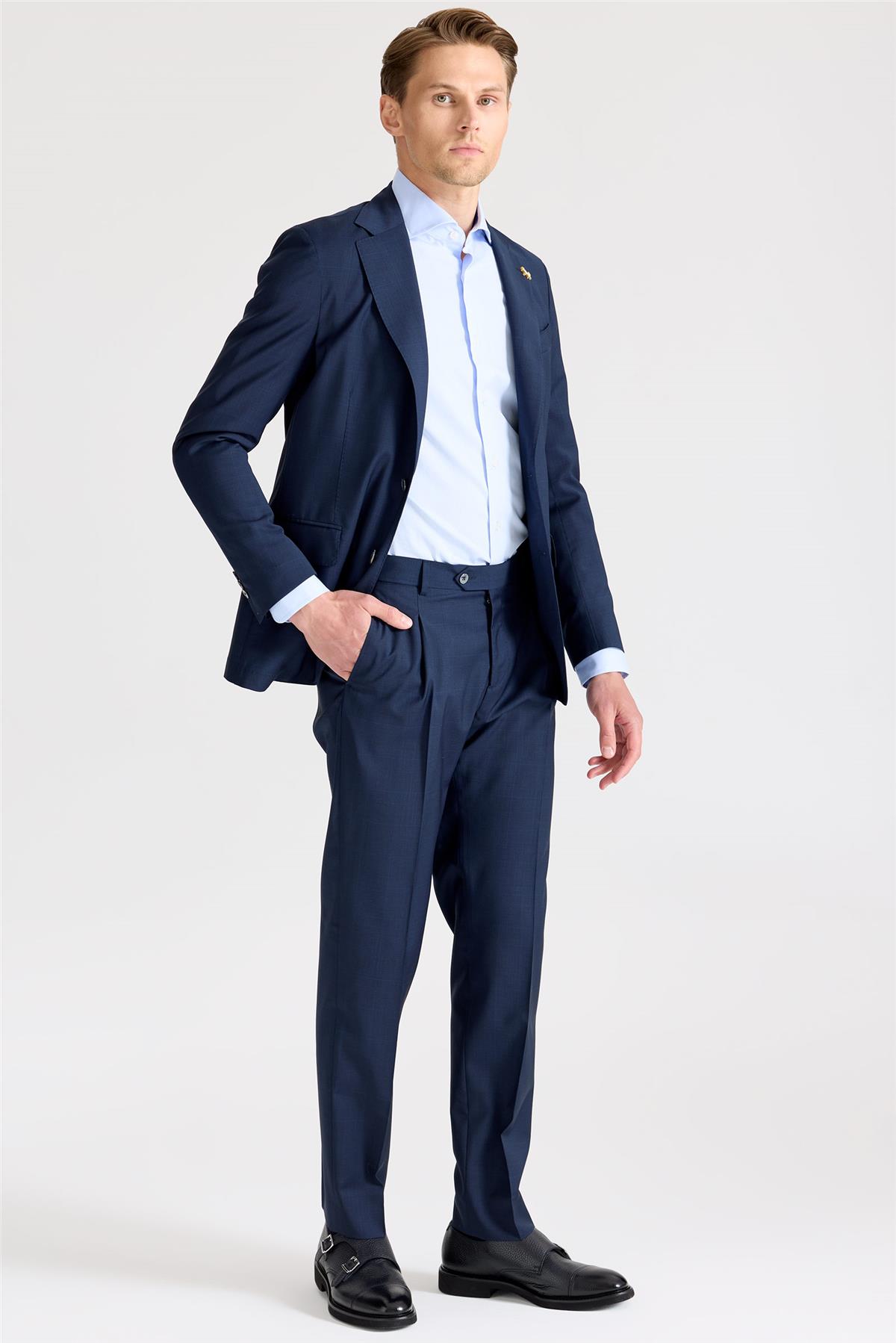 Lacivert Kareli Yün Takım Elbise