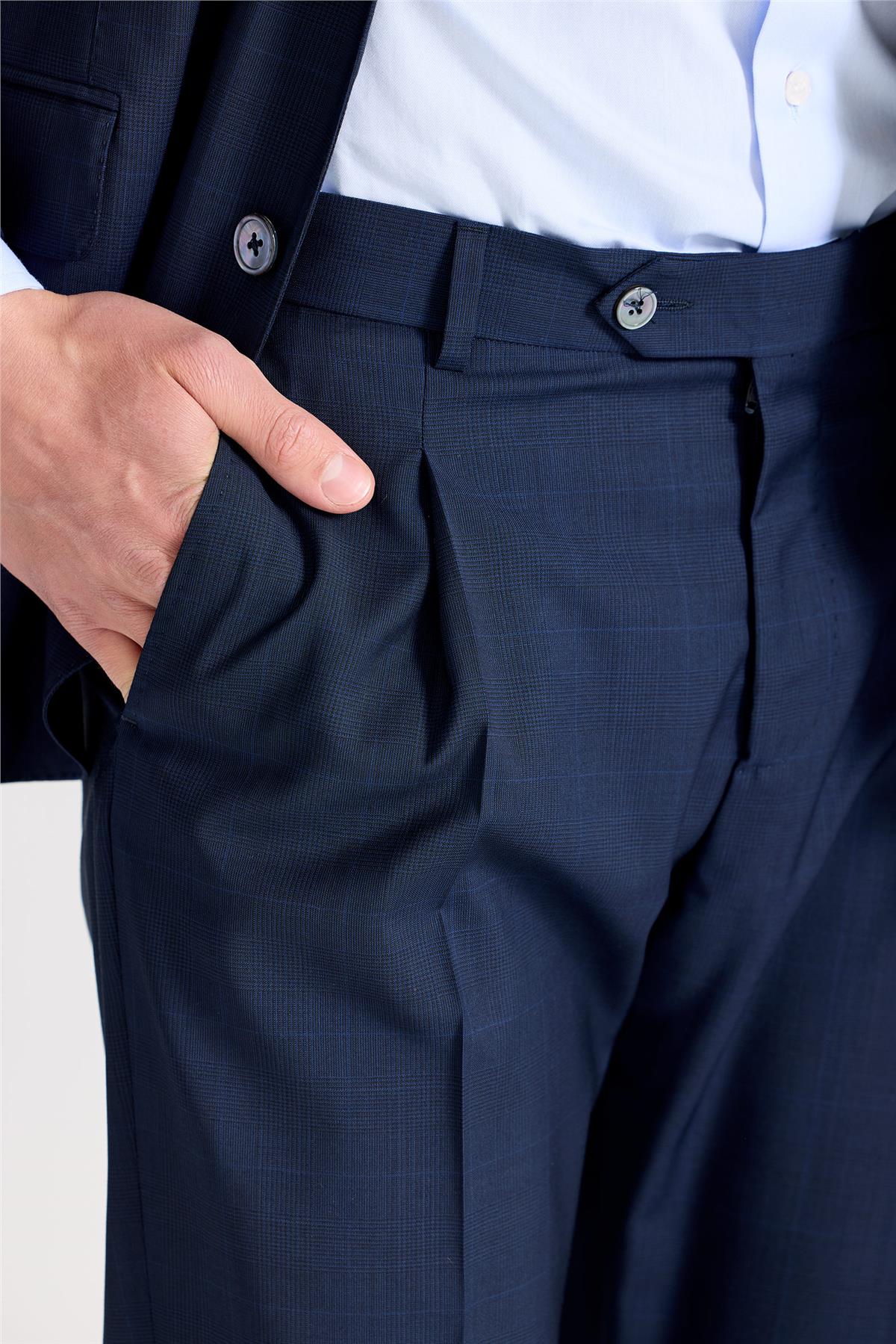 Lacivert Kareli Yün Takım Elbise