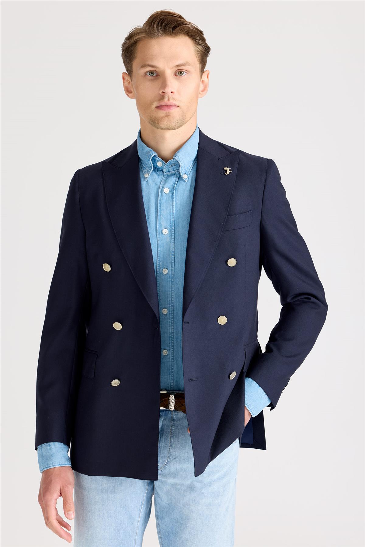 Lacivert Kruvaze Yün Blazer Ceket 