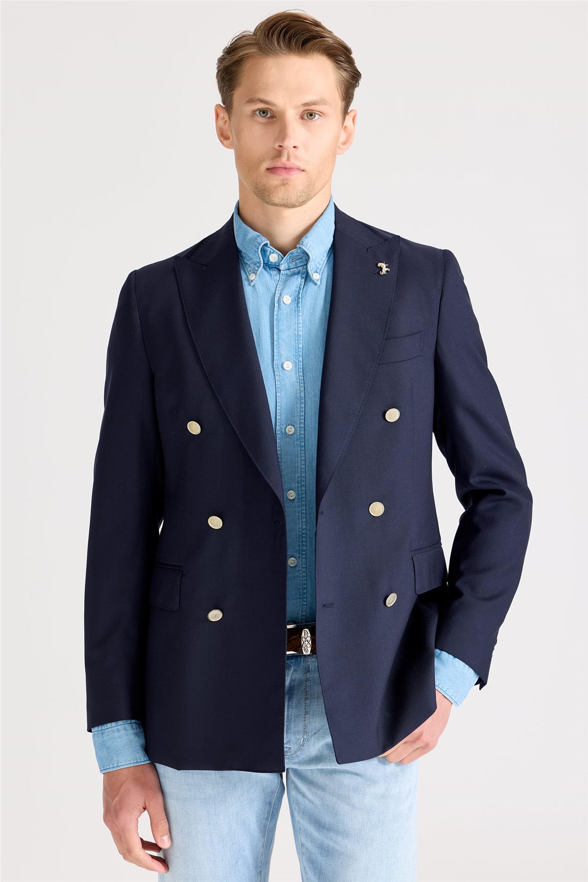 Lacivert Kruvaze Yün Blazer Ceket 