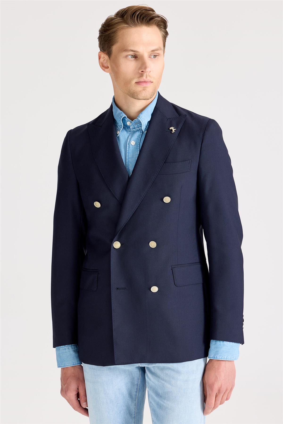 Lacivert Kruvaze Yün Blazer Ceket 