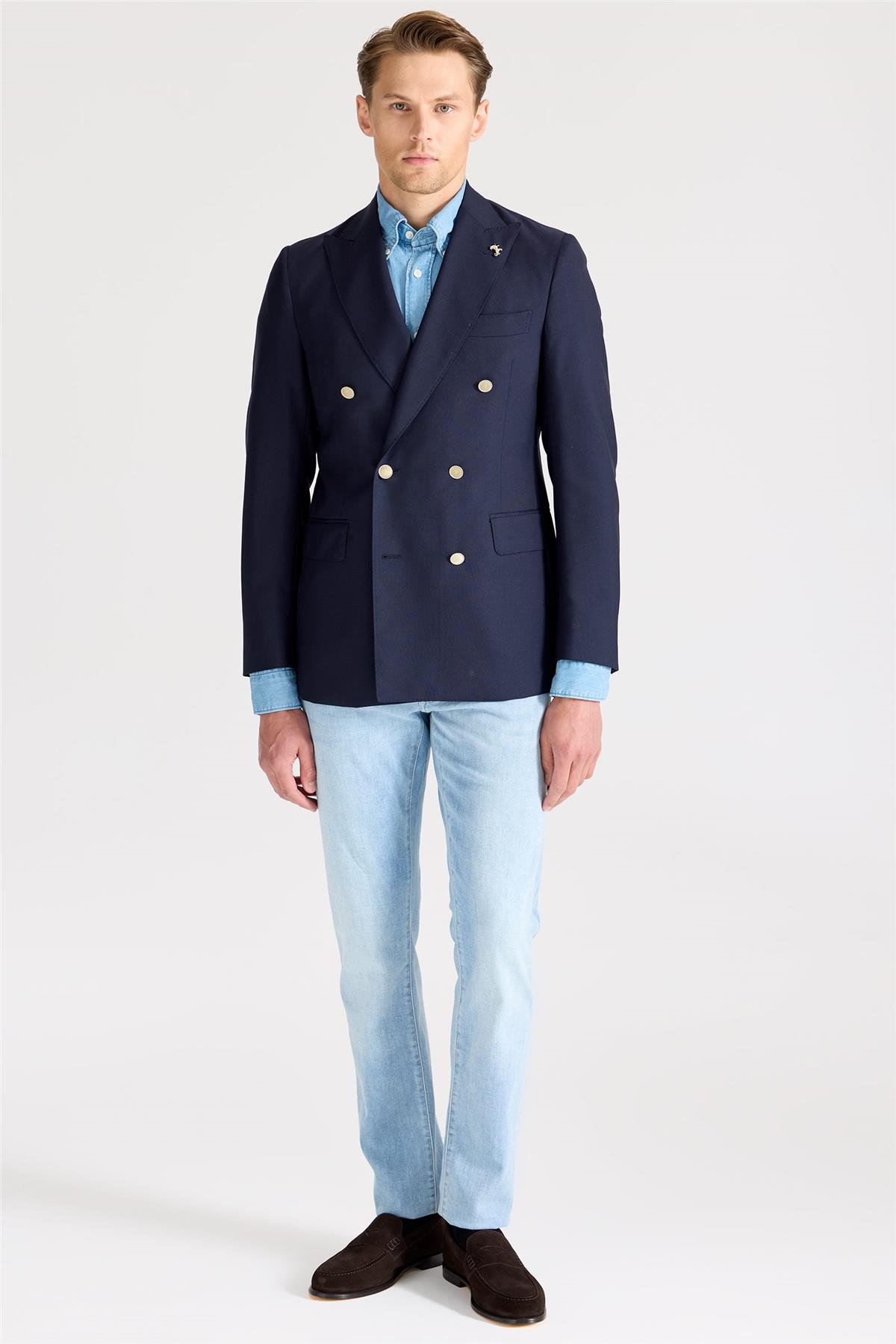 Lacivert Kruvaze Yün Blazer Ceket 