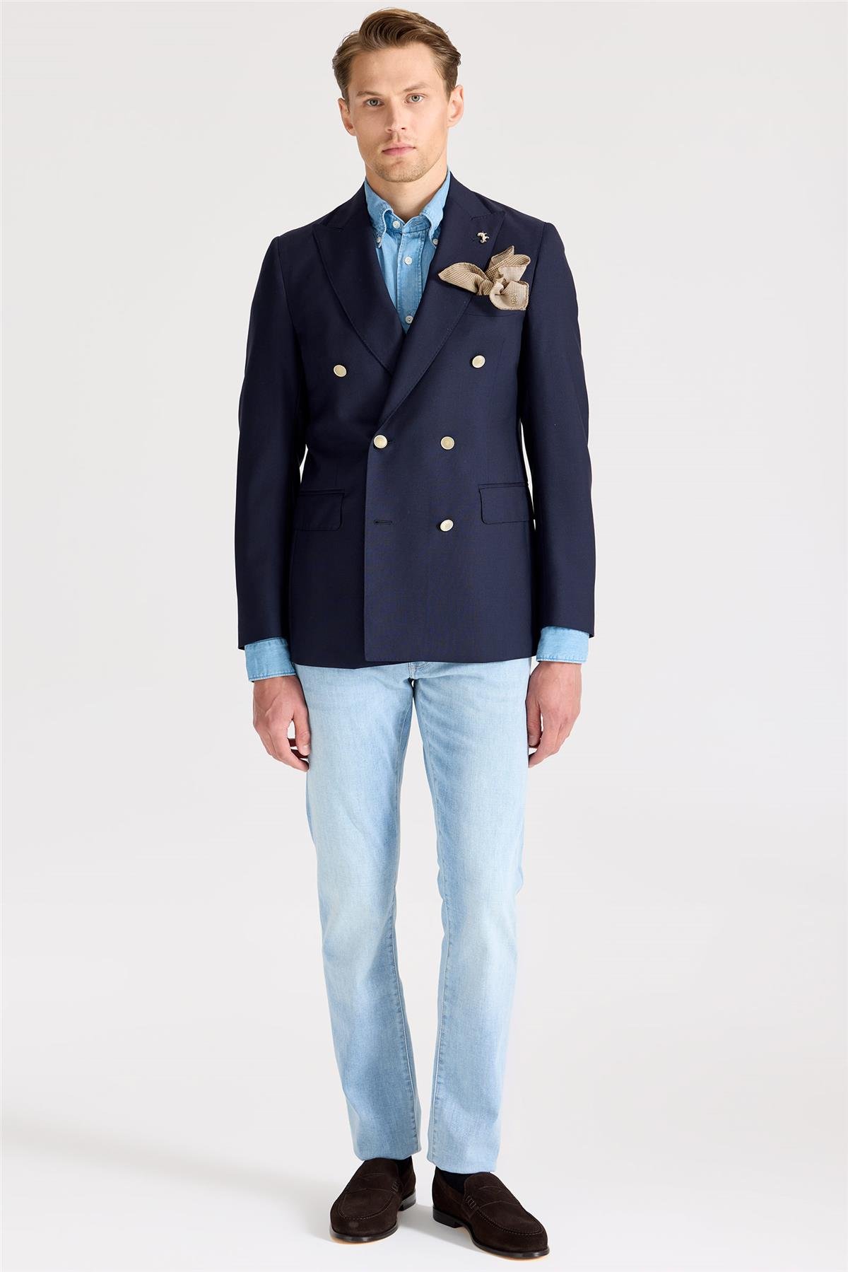 Lacivert Kruvaze Yün Blazer Ceket 