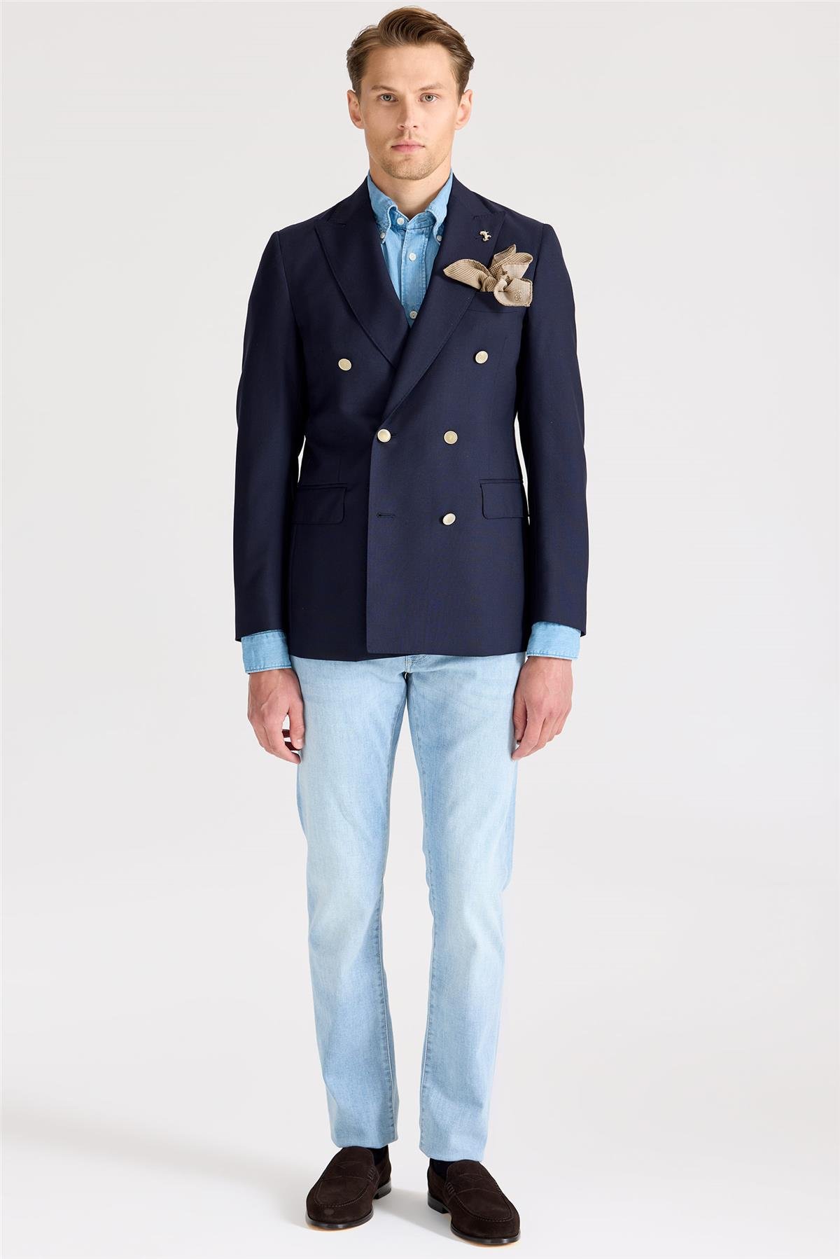 Lacivert Kruvaze Yün Blazer Ceket 