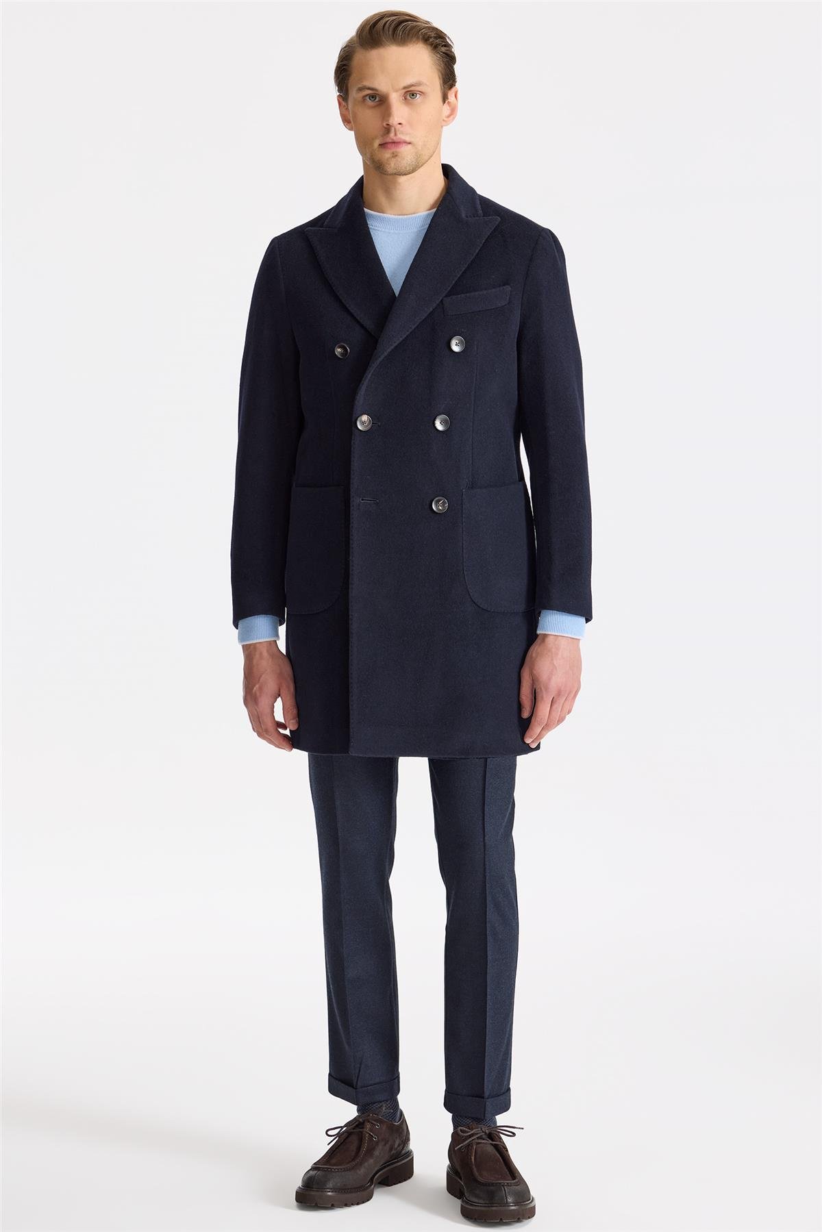 Lacivert Kruvaze Yün Kaşmir Palto