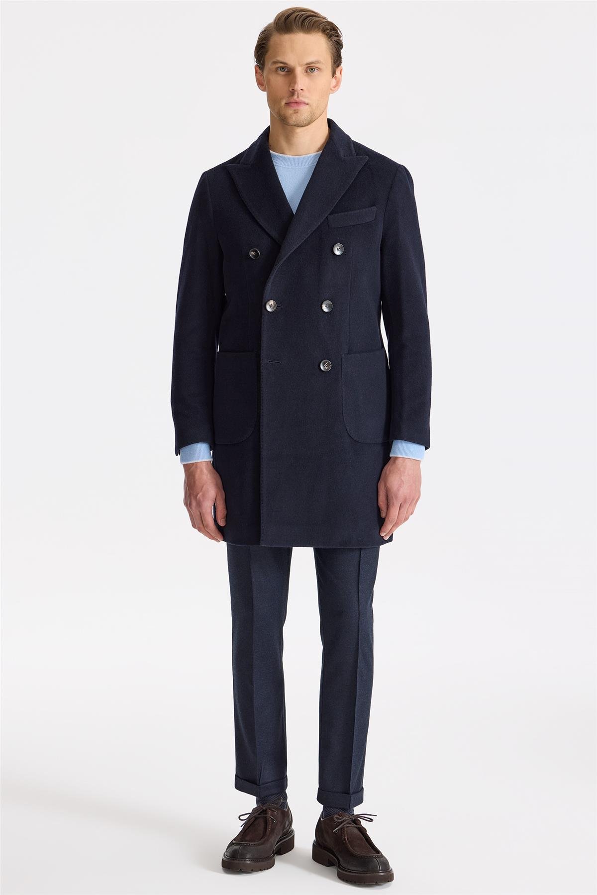 Lacivert Kruvaze Yün Kaşmir Palto